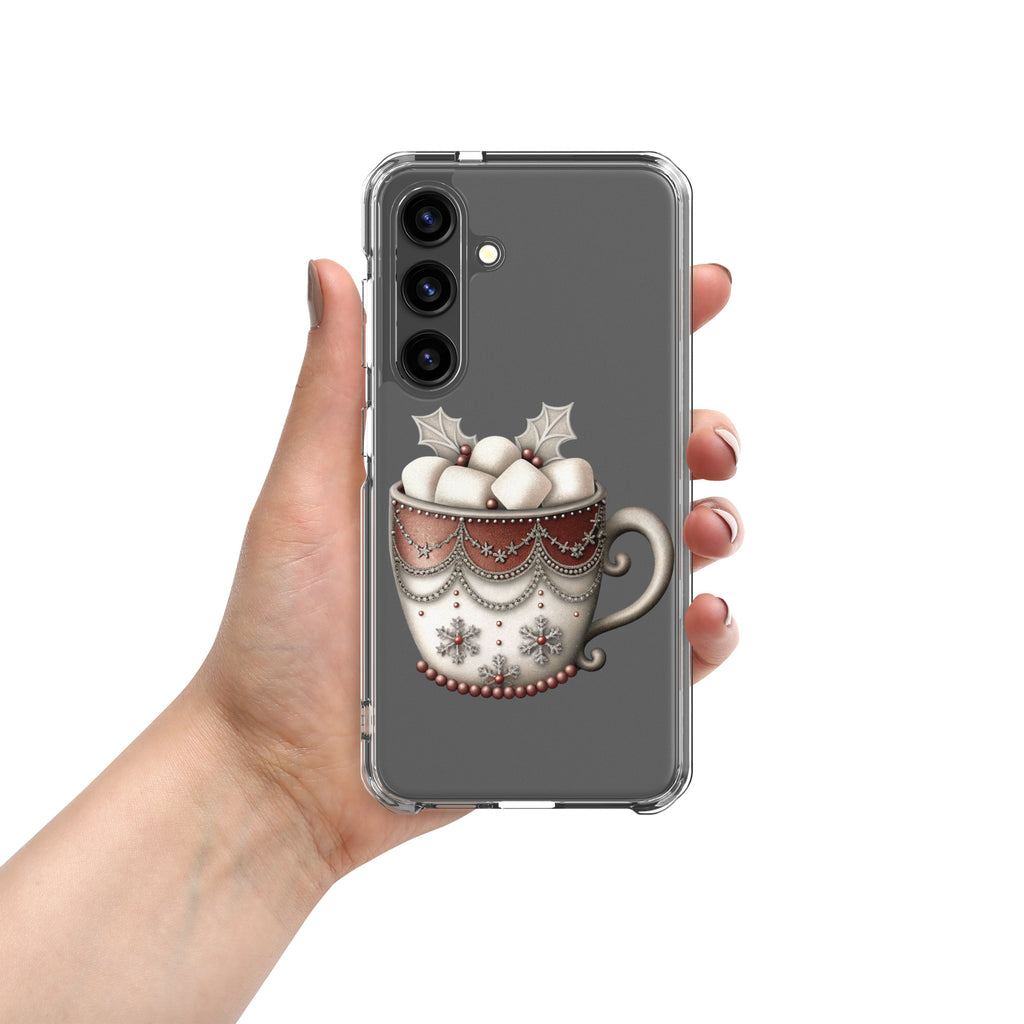 Festive Winter Mug Clear Case for Samsung Galaxy S24 – Cozy Holiday Hot Cocoa Protective Cover