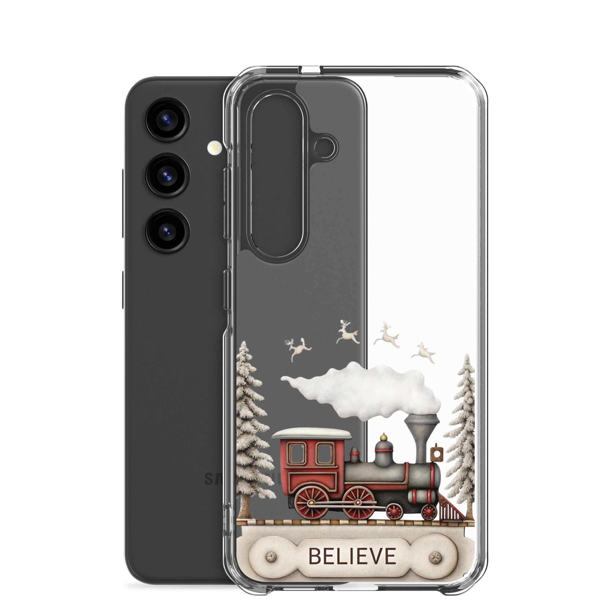 Believe Winter Train Clear Case for Samsung Galaxy S24 – Minimal Christmas Protective Cover