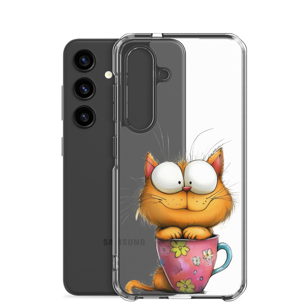 Cute Cat in a Cup Clear Case for Samsung Galaxy S24 – Playful Illustrated Protective Cover