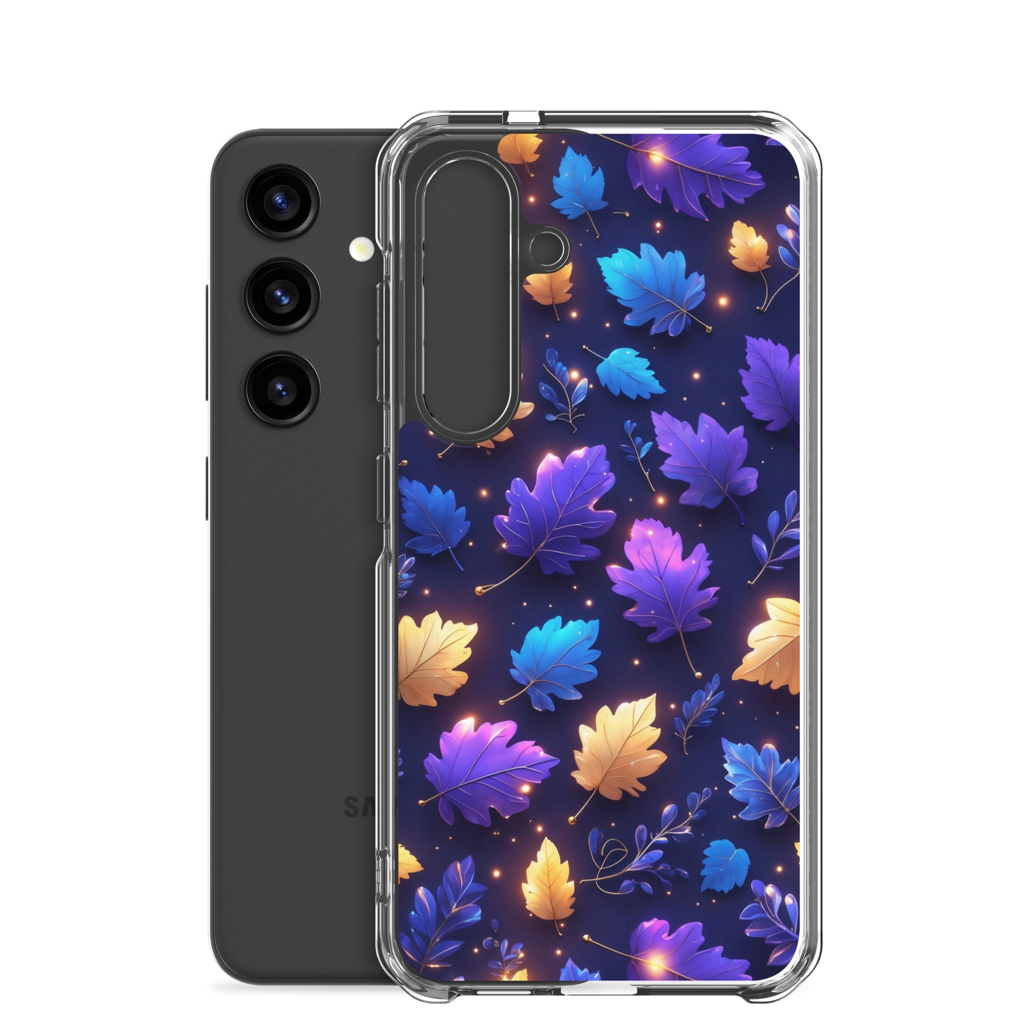 Glowing Autumn Leaves Clear Case for Samsung Galaxy S24 – Colorful Night Nature Protective Cover