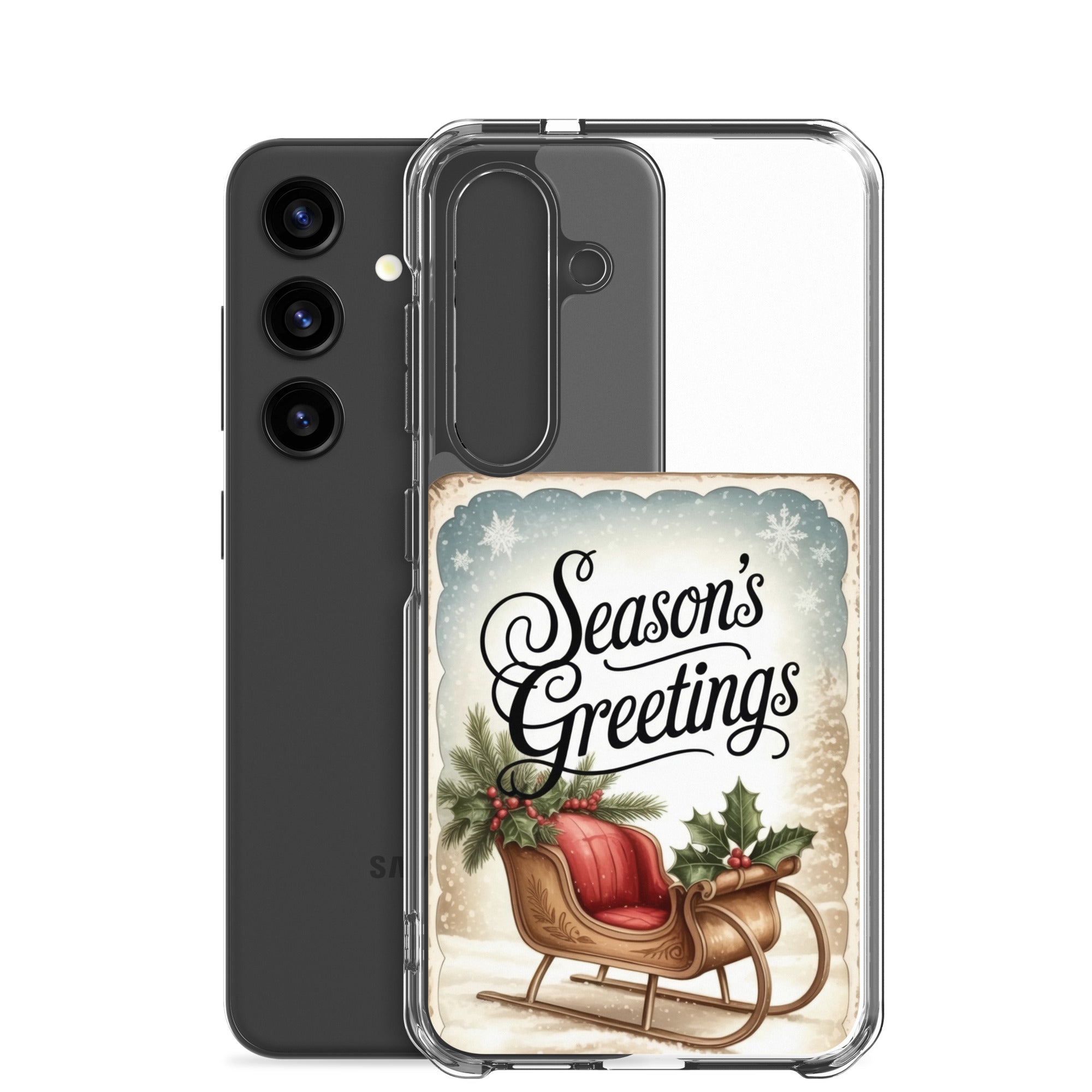 Season’s Greetings Sleigh Clear Case for Samsung Galaxy S24 – Vintage Christmas Protective Cover