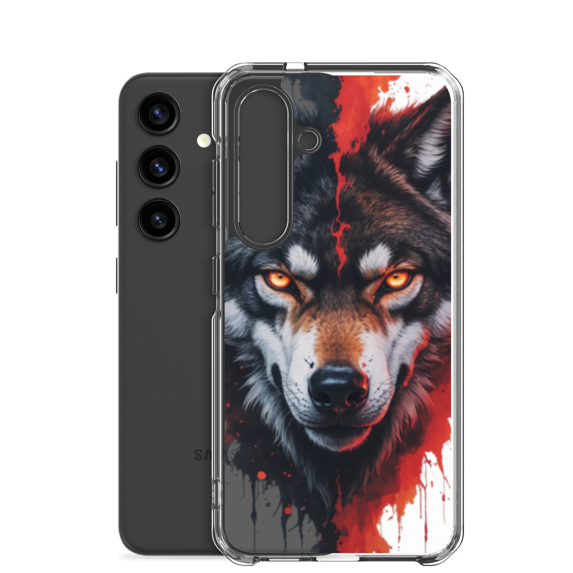 Fierce Wolf Portrait Clear Case for Samsung Galaxy S24 – Dark Animal Art Protective Cover