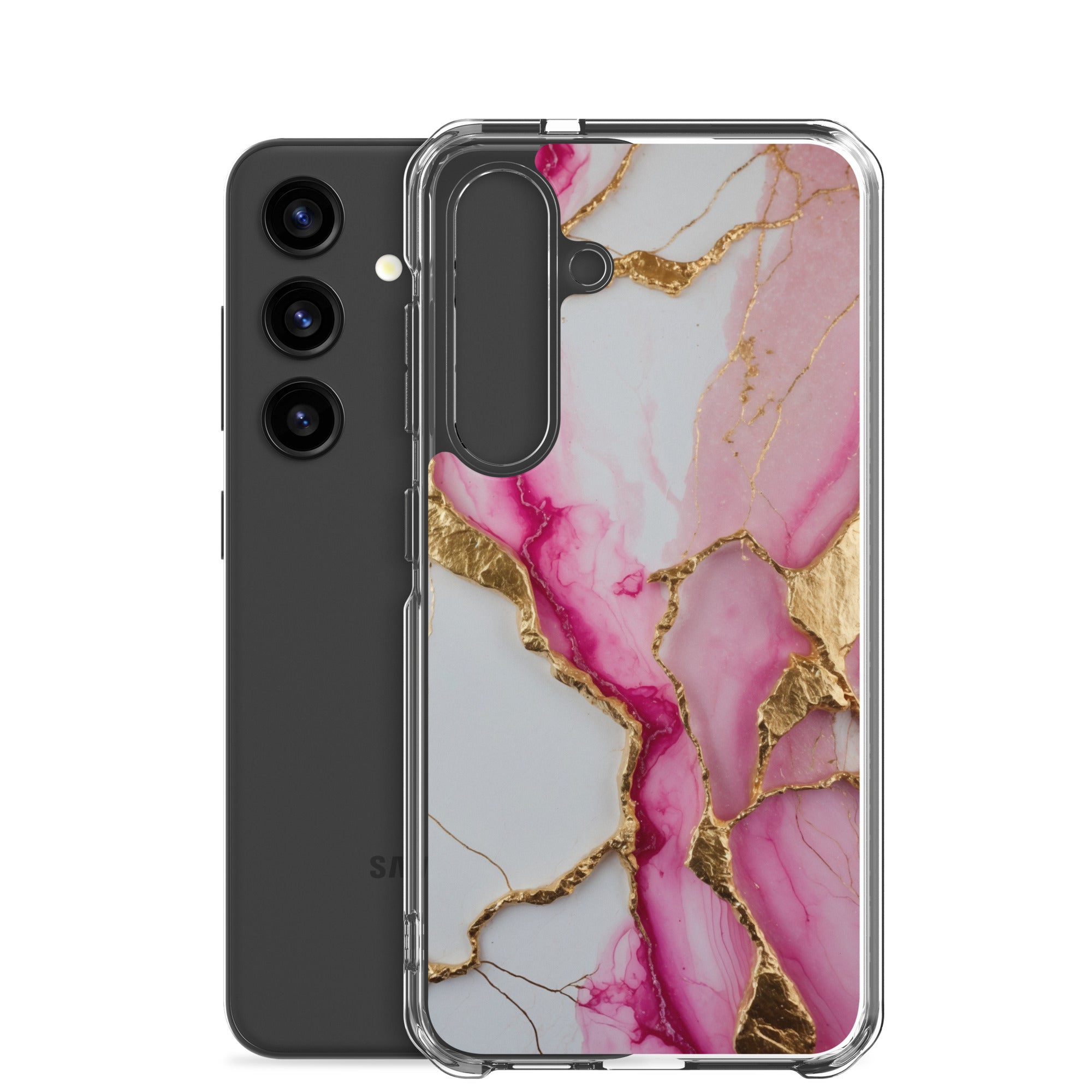 Pink Marble Gold Veins Clear Case for Samsung Galaxy S24 – Elegant Stone Protective Cover