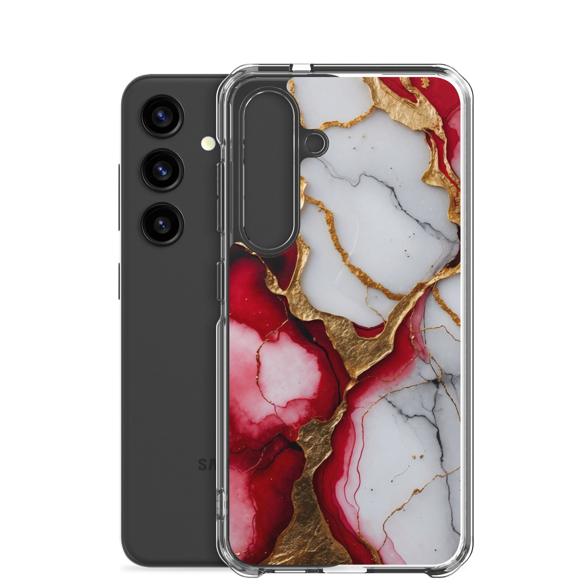 Red Marble Gold Veins Clear Case for Samsung Galaxy S24 – Luxury Abstract Protective Cover
