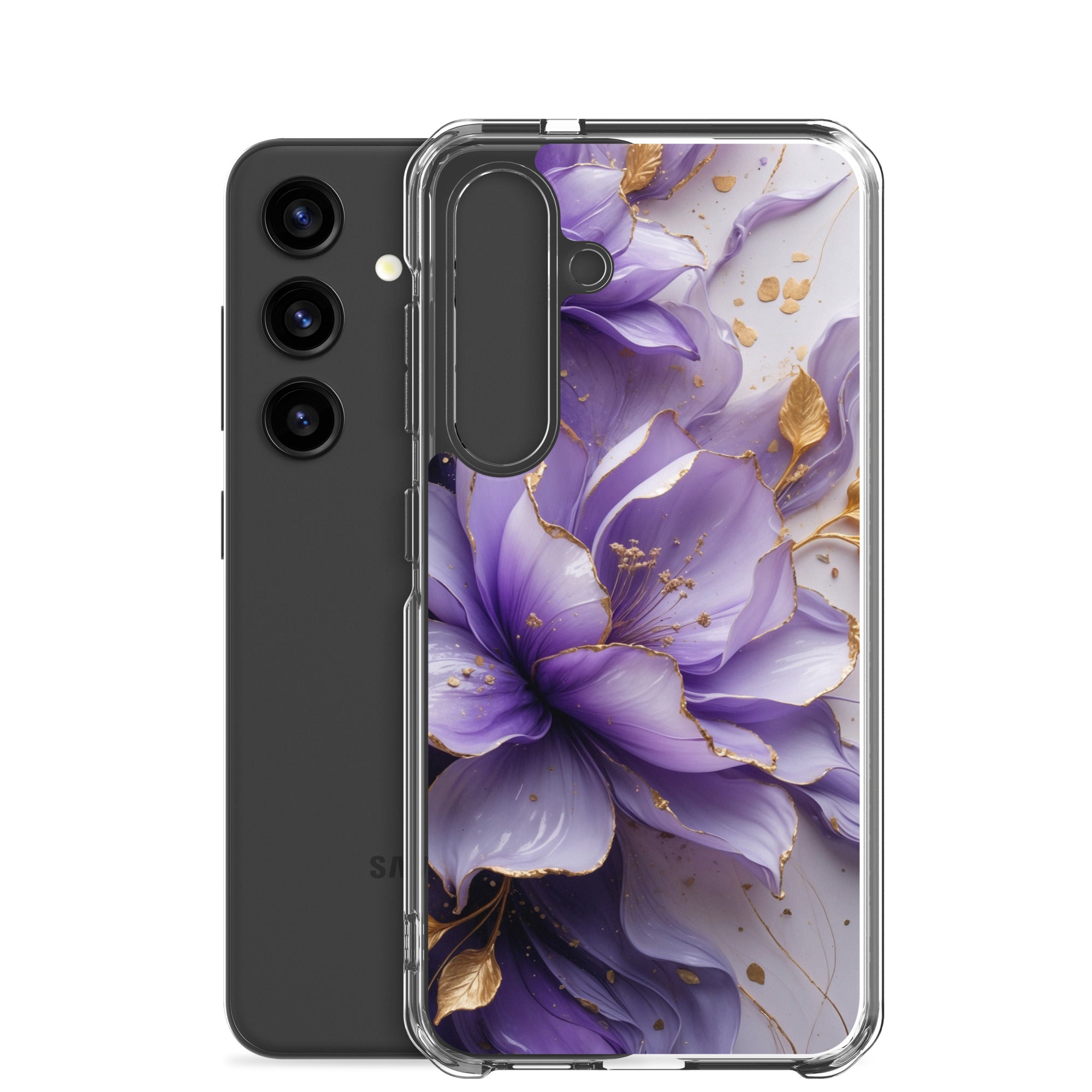 Purple Floral Gold Clear Case for Samsung Galaxy S24 – Elegant Flower Protective Cover