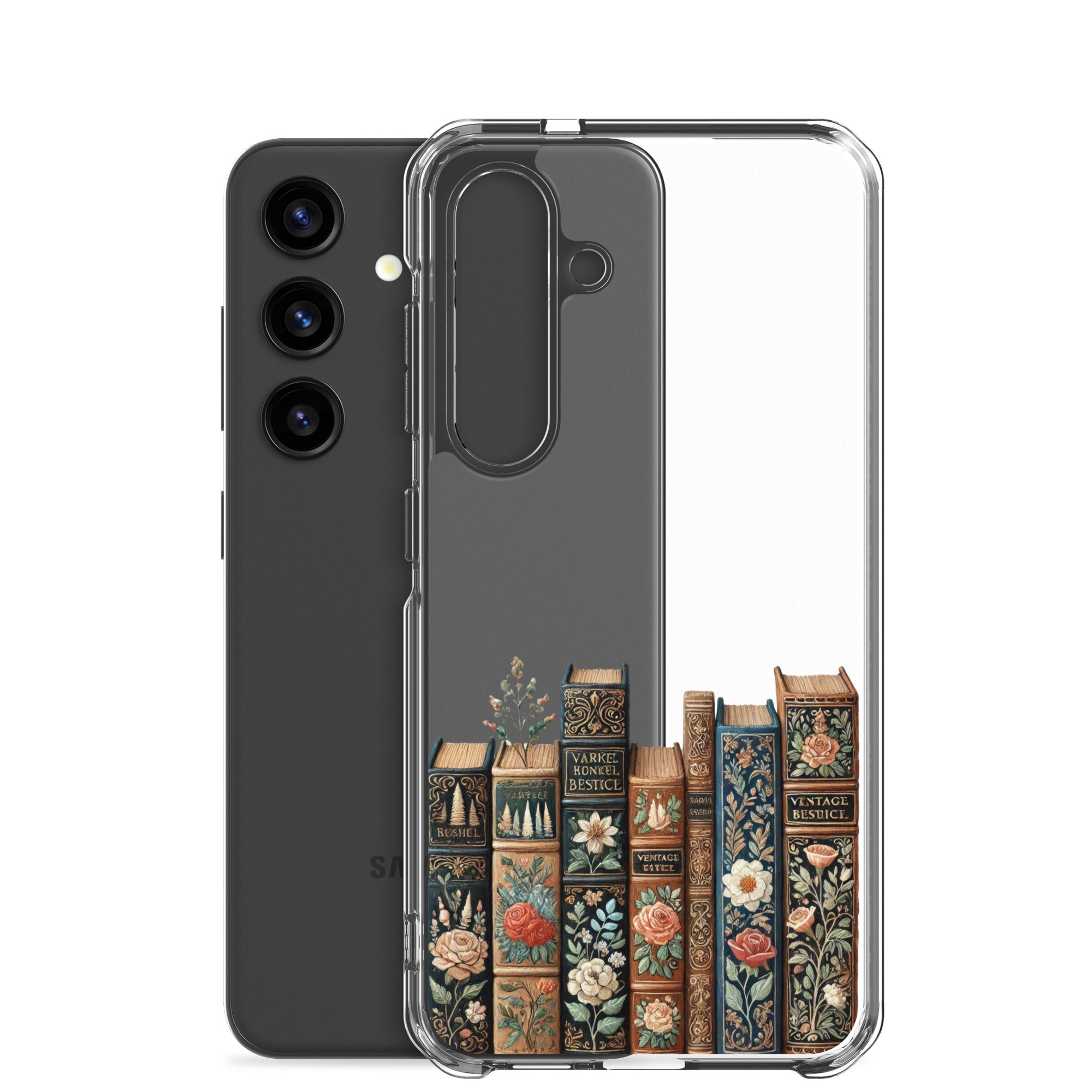 Vintage Floral Books Clear Case for Samsung Galaxy S24 – Elegant Library-Inspired Protective Cover