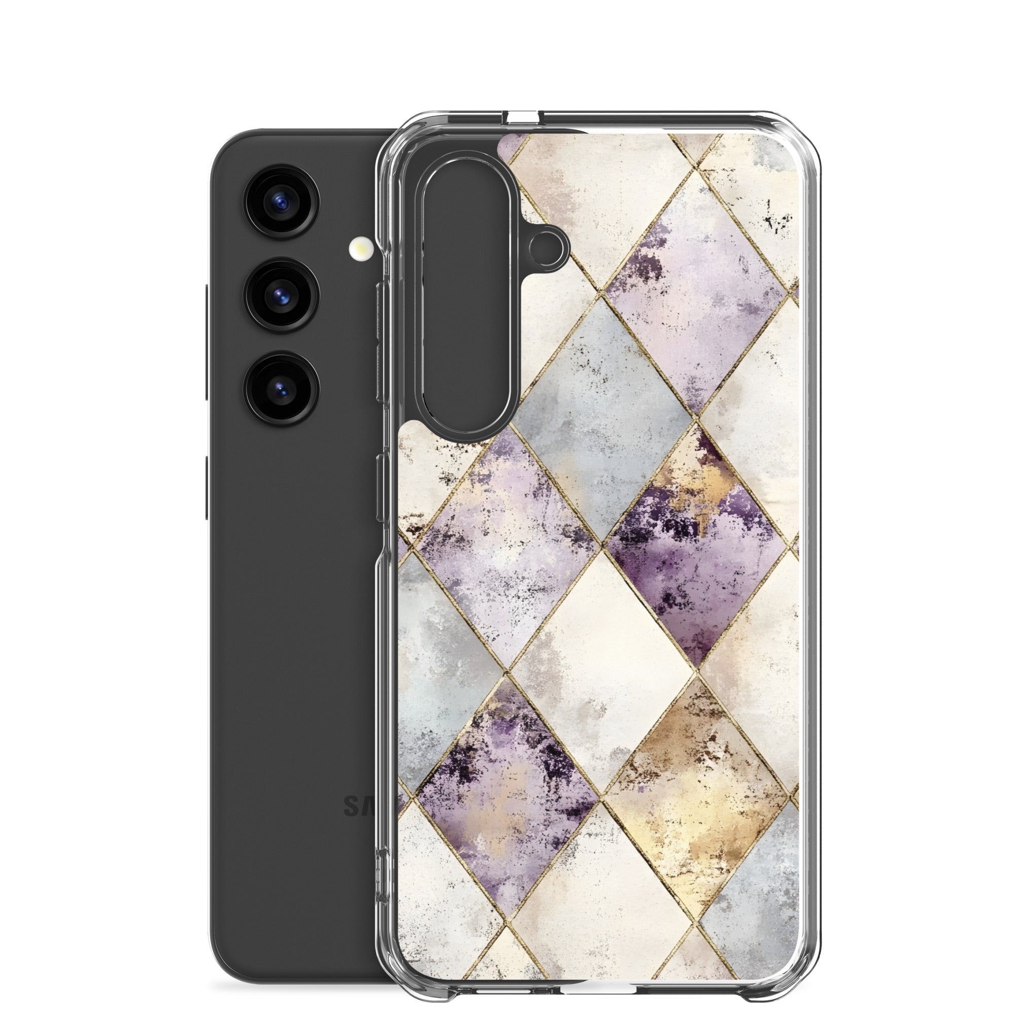 Golden Harlequin Damask Clear Case for Samsung Galaxy S24 – Elegant Geometric Gold Pattern Protective Cover