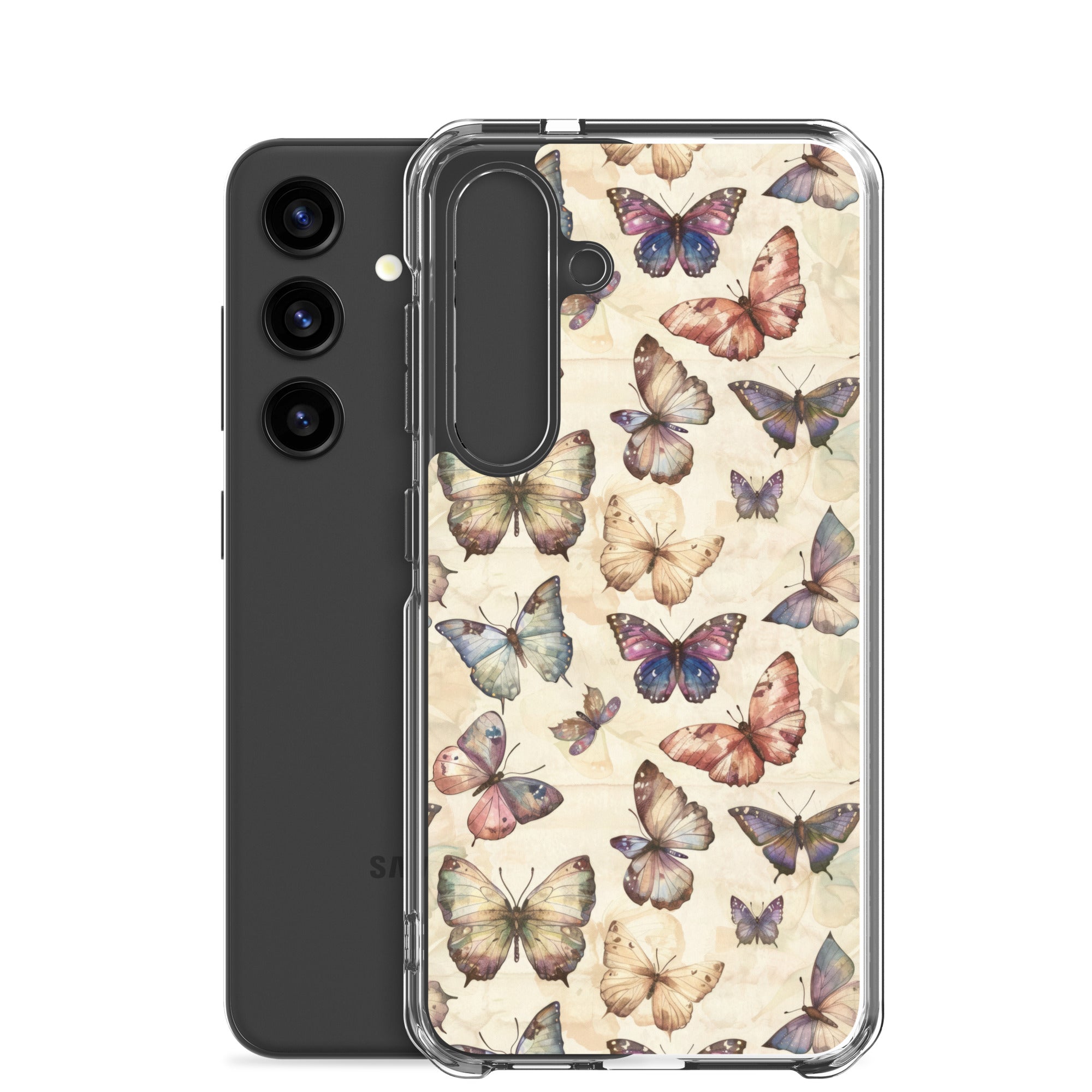 Vintage Butterfly Pattern Clear Case for Samsung Galaxy S24 – Soft Pastel Nature Protective Cover