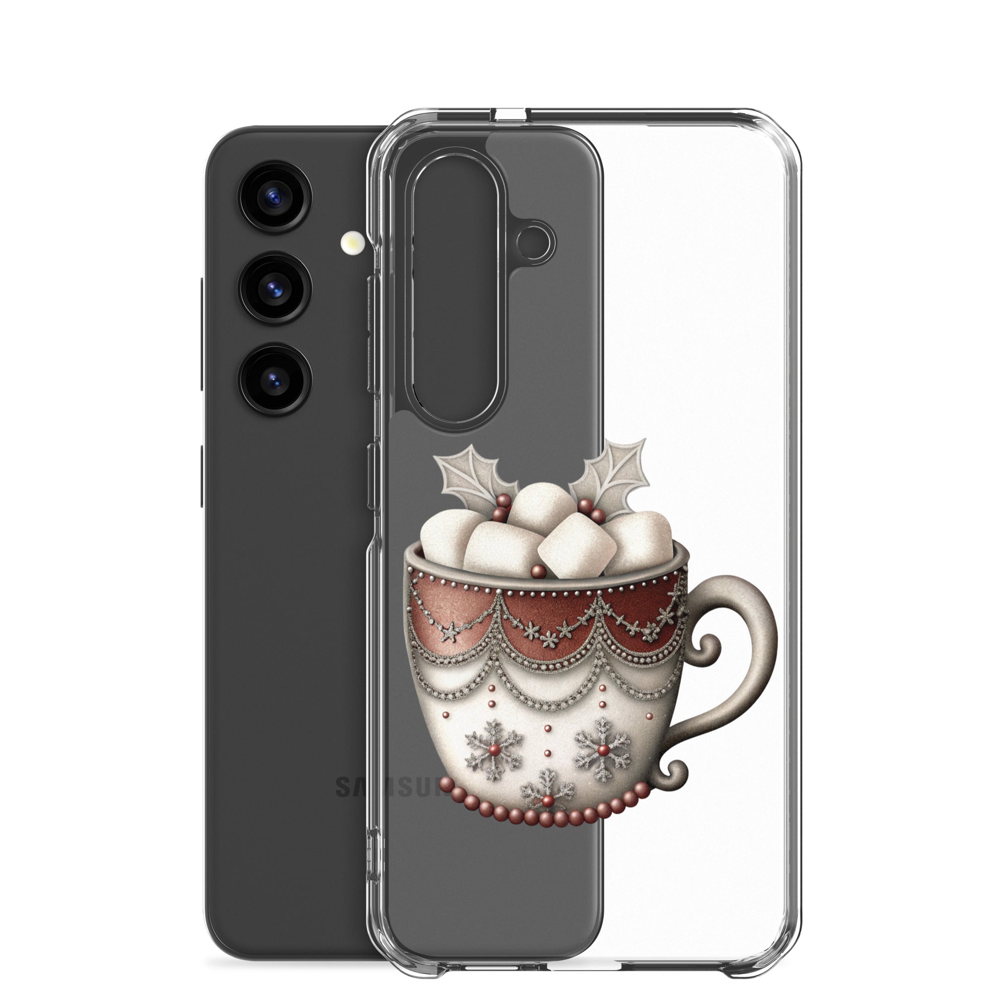 Festive Winter Mug Clear Case for Samsung Galaxy S24 – Cozy Holiday Hot Cocoa Protective Cover