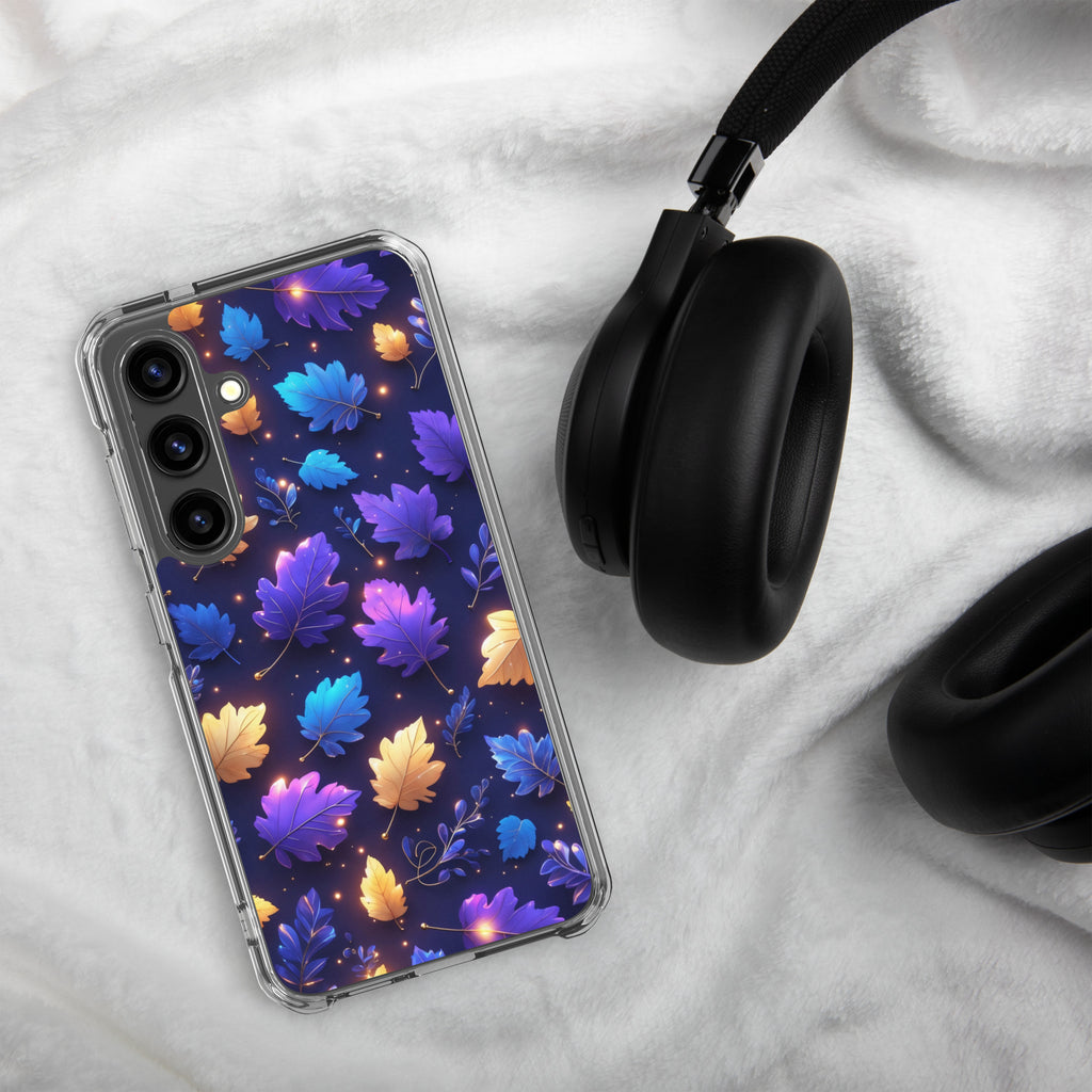 Glowing Autumn Leaves Clear Case for Samsung Galaxy S24 – Colorful Night Nature Protective Cover