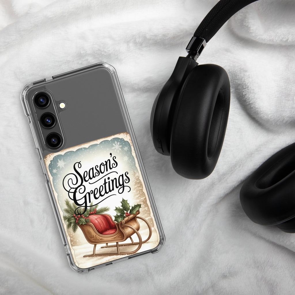 Season’s Greetings Sleigh Clear Case for Samsung Galaxy S24 – Vintage Christmas Protective Cover