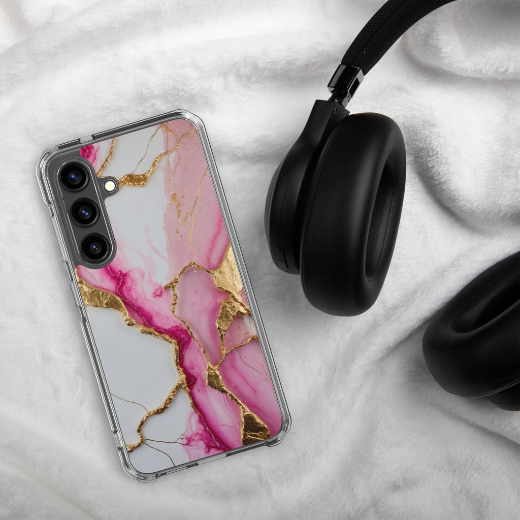 Pink Marble Gold Veins Clear Case for Samsung Galaxy S24 – Elegant Stone Protective Cover