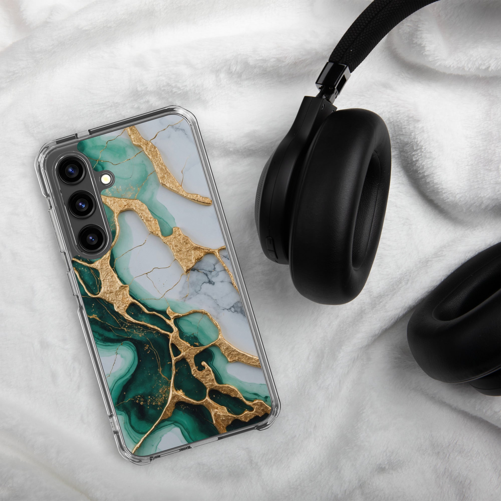 Emerald Green Marble Gold Veins Clear Case for Samsung Galaxy S24 – Luxury Stone Protective Cover