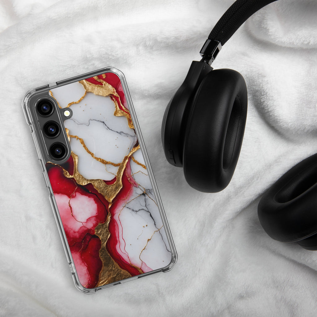 Red Marble Gold Veins Clear Case for Samsung Galaxy S24 – Luxury Abstract Protective Cover
