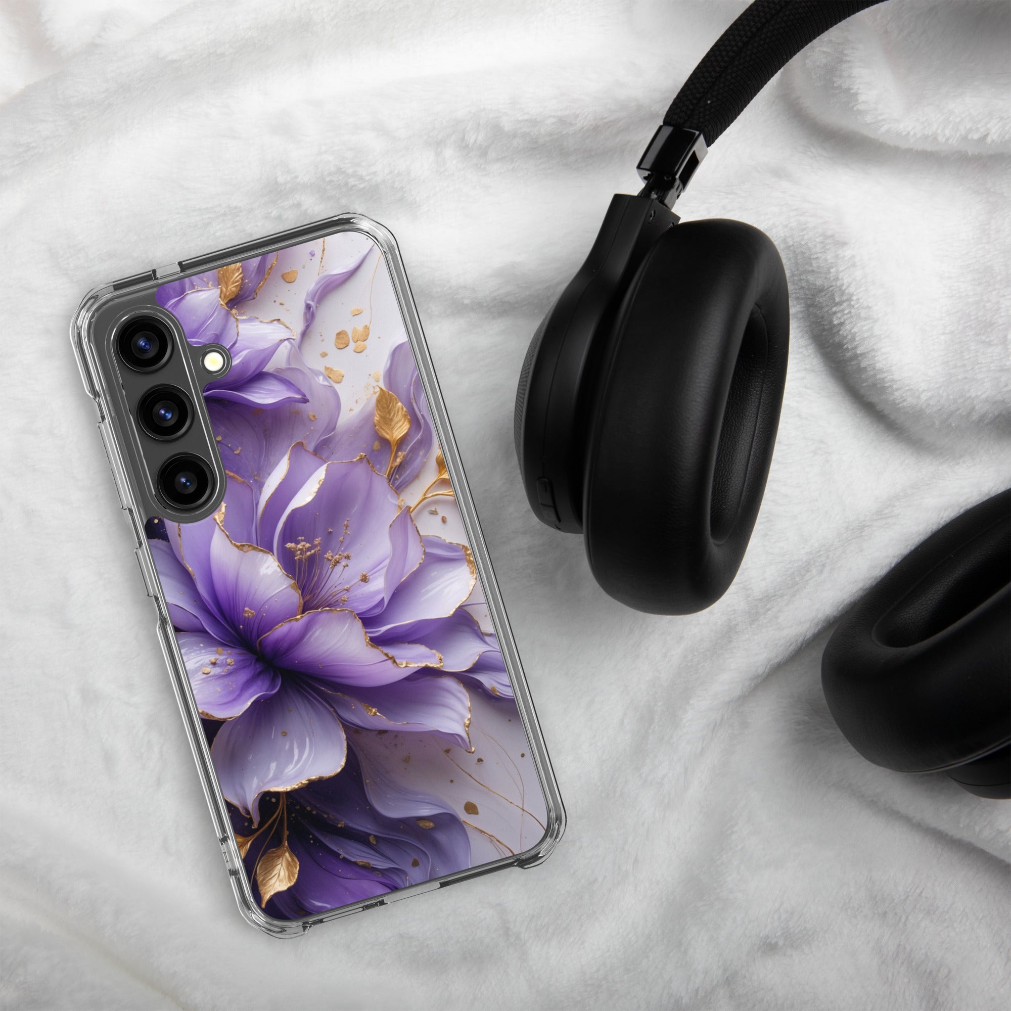 Purple Floral Gold Clear Case for Samsung Galaxy S24 – Elegant Flower Protective Cover