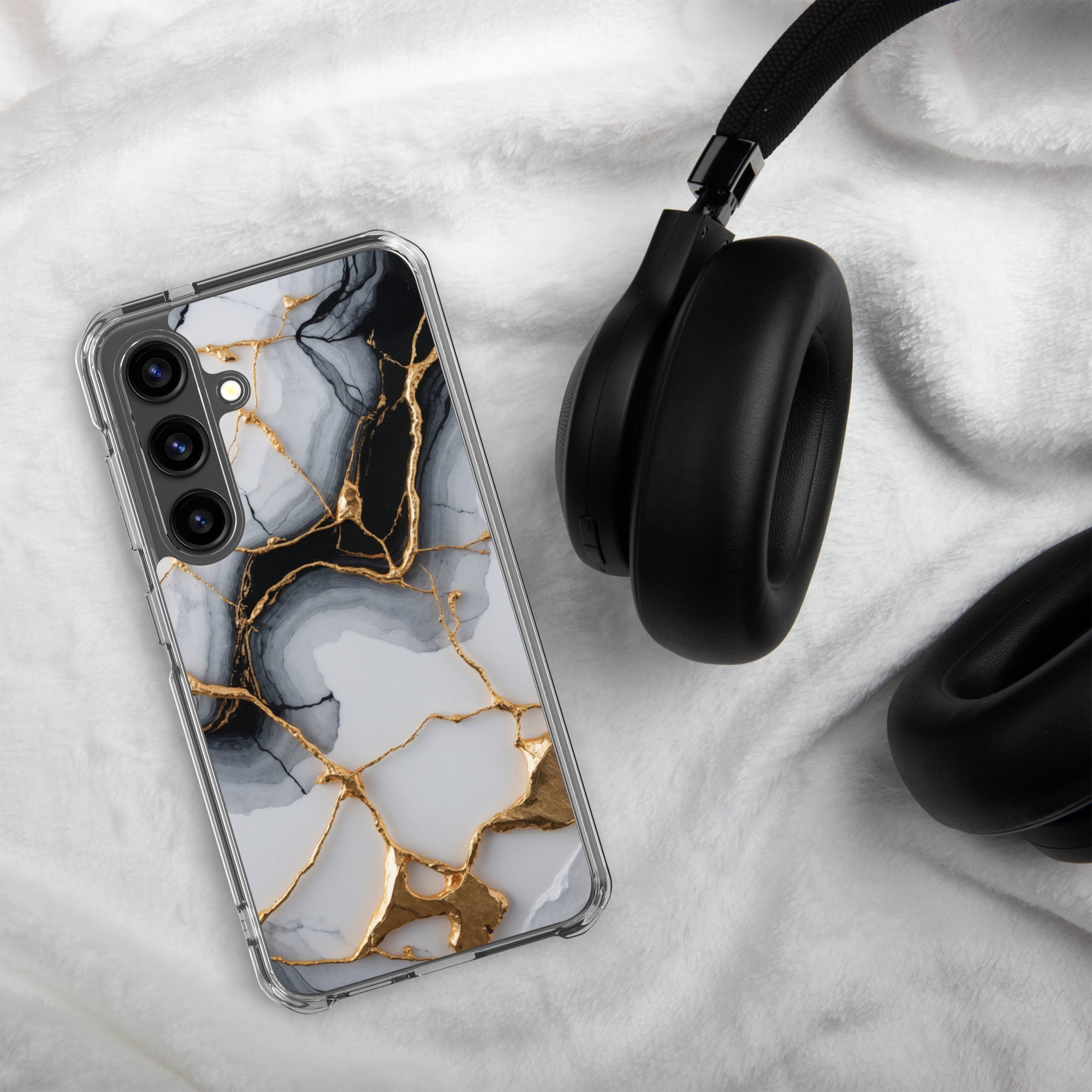 Black & White Marble Gold Clear Case for Samsung Galaxy S24 – Elegant Marble Protective Cover