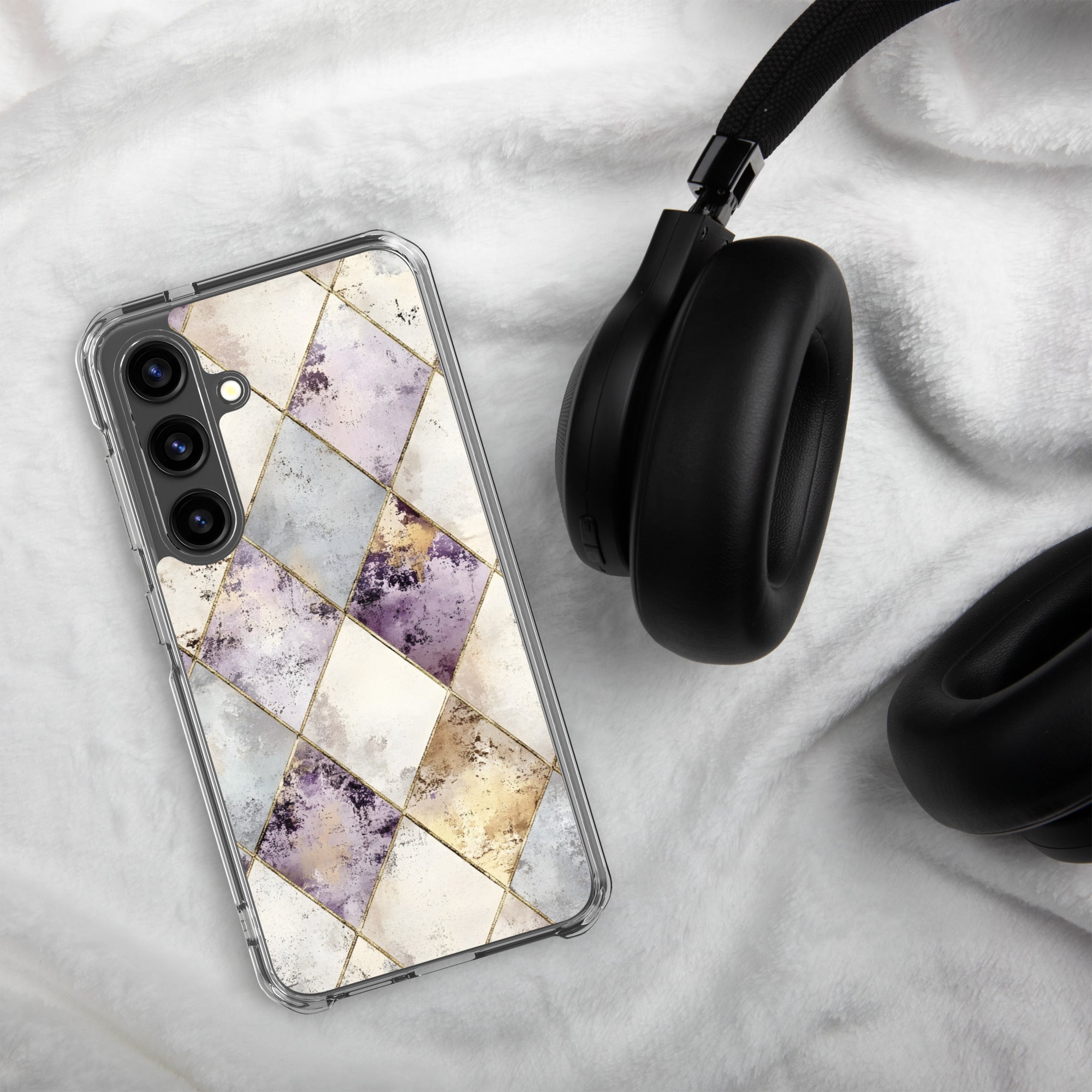 Golden Harlequin Damask Clear Case for Samsung Galaxy S24 – Elegant Geometric Gold Pattern Protective Cover