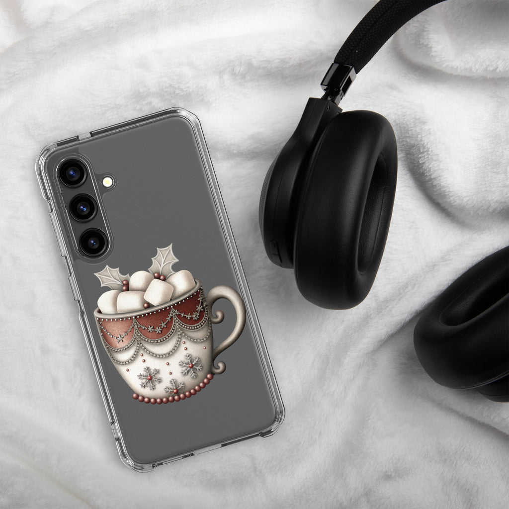 Festive Winter Mug Clear Case for Samsung Galaxy S24 – Cozy Holiday Hot Cocoa Protective Cover