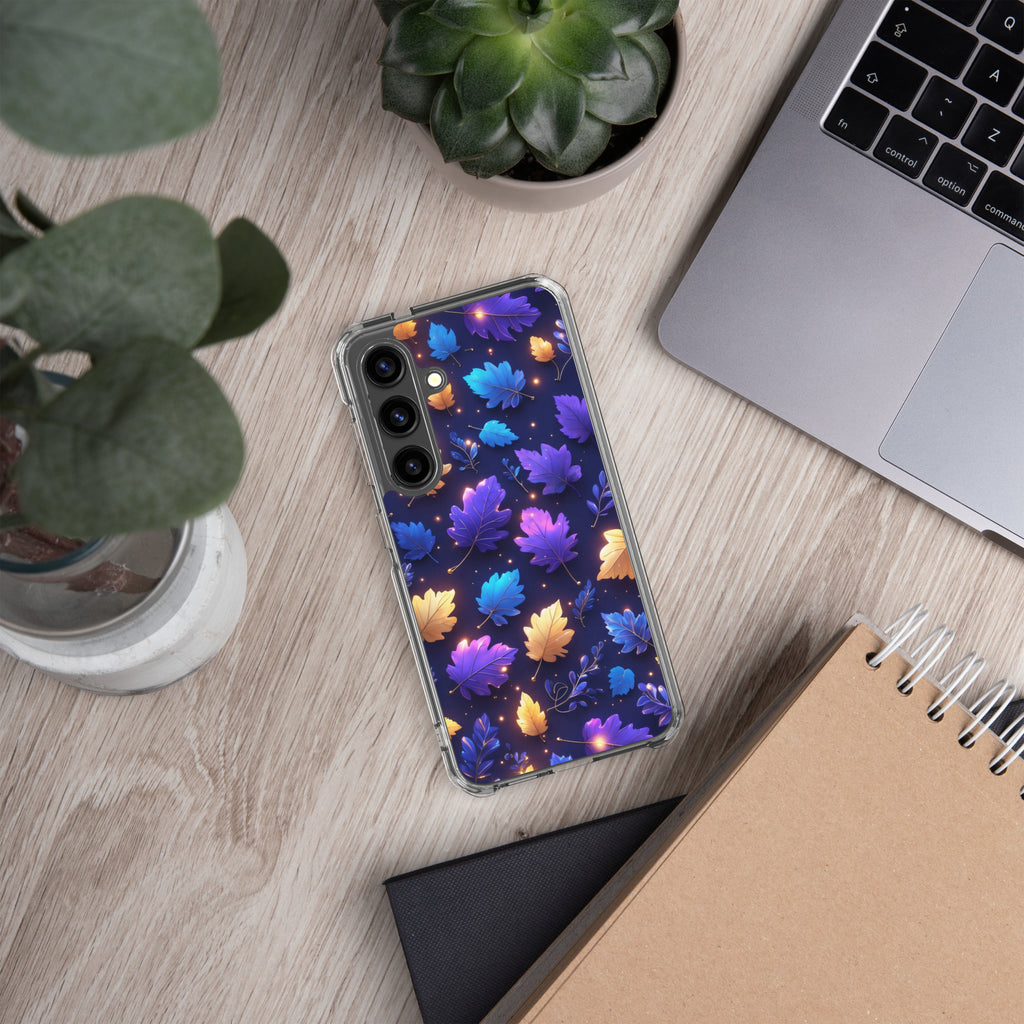 Glowing Autumn Leaves Clear Case for Samsung Galaxy S24 – Colorful Night Nature Protective Cover