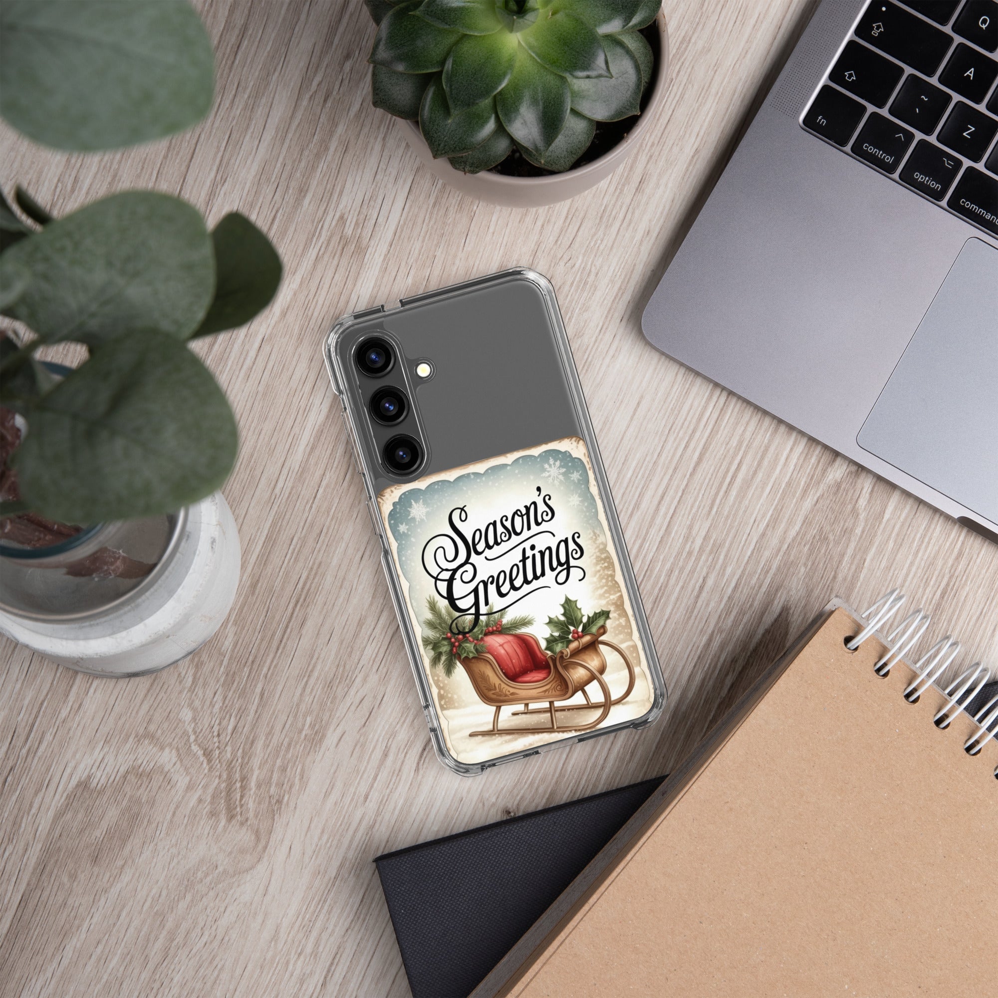 Season’s Greetings Sleigh Clear Case for Samsung Galaxy S24 – Vintage Christmas Protective Cover