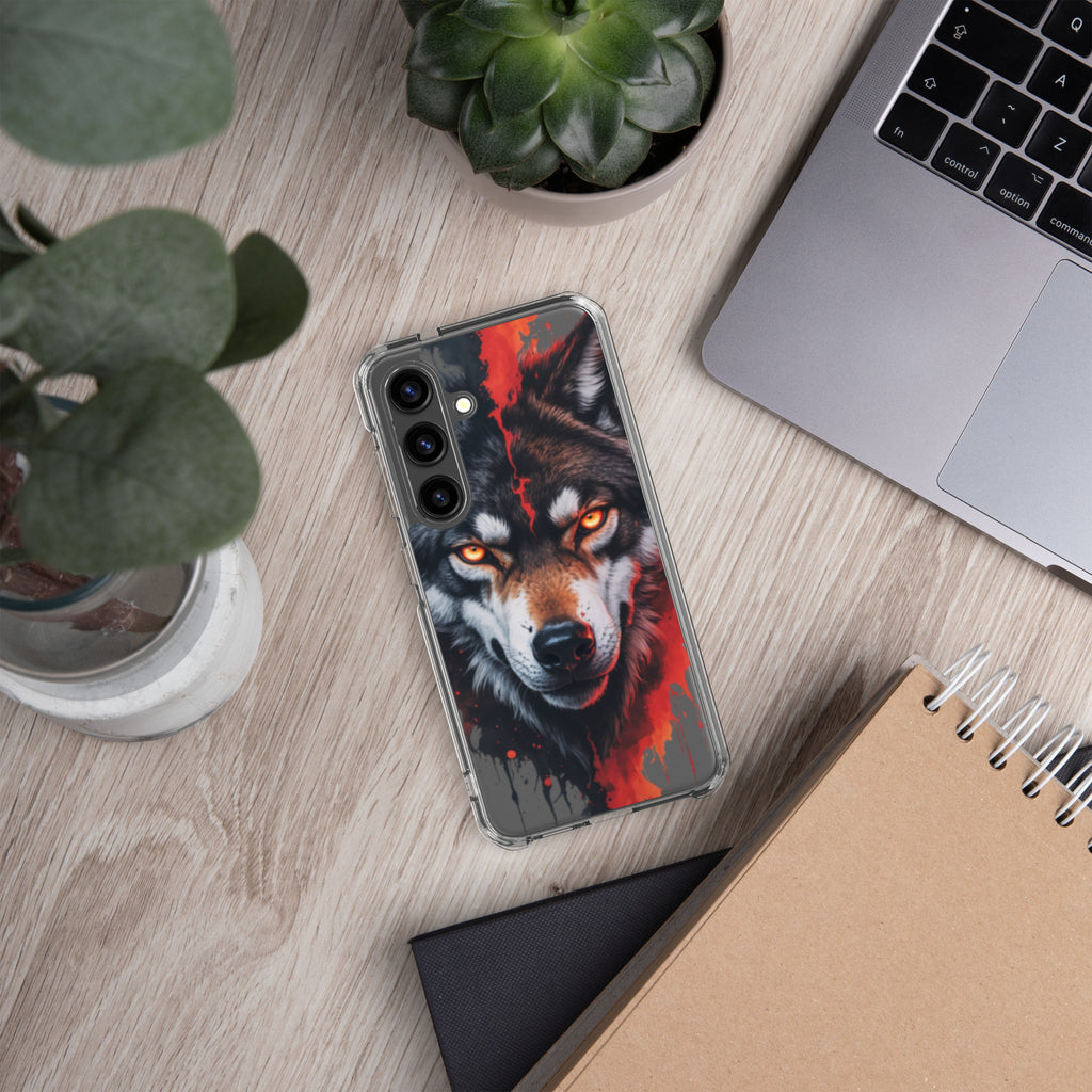 Fierce Wolf Portrait Clear Case for Samsung Galaxy S24 – Dark Animal Art Protective Cover