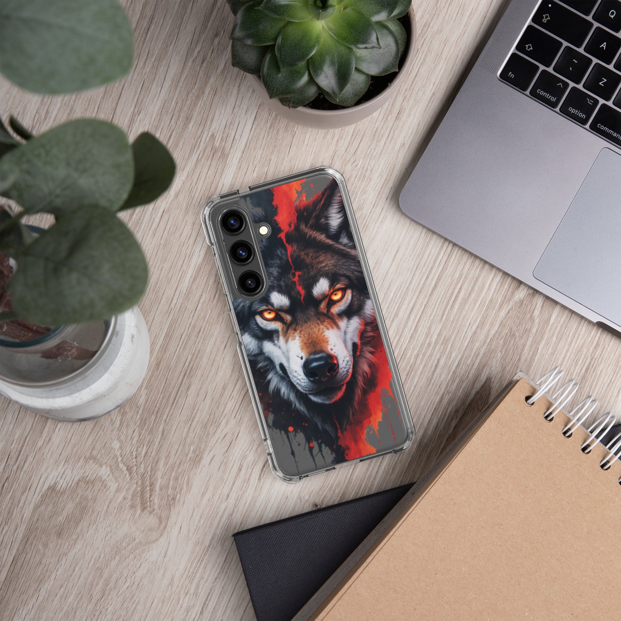 Fierce Wolf Portrait Clear Case for Samsung Galaxy S24 – Dark Animal Art Protective Cover
