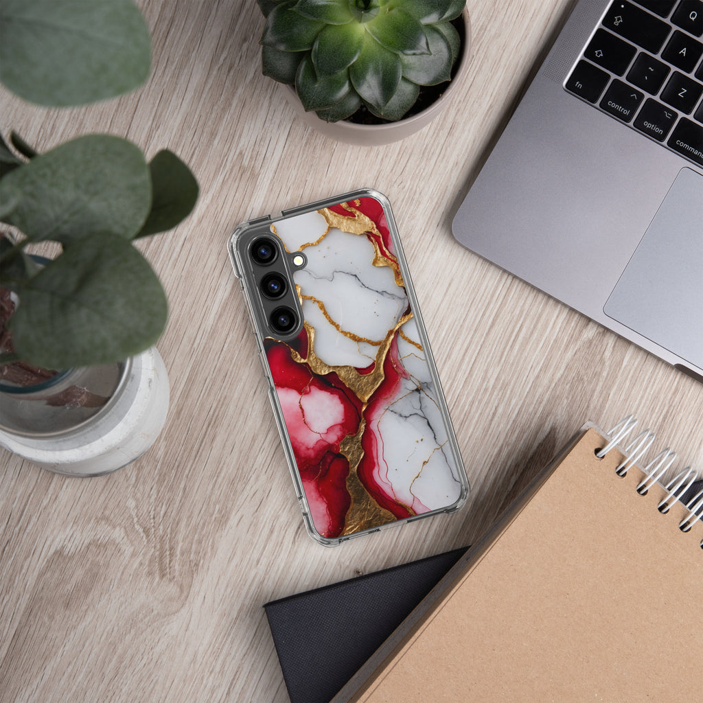 Red Marble Gold Veins Clear Case for Samsung Galaxy S24 – Luxury Abstract Protective Cover