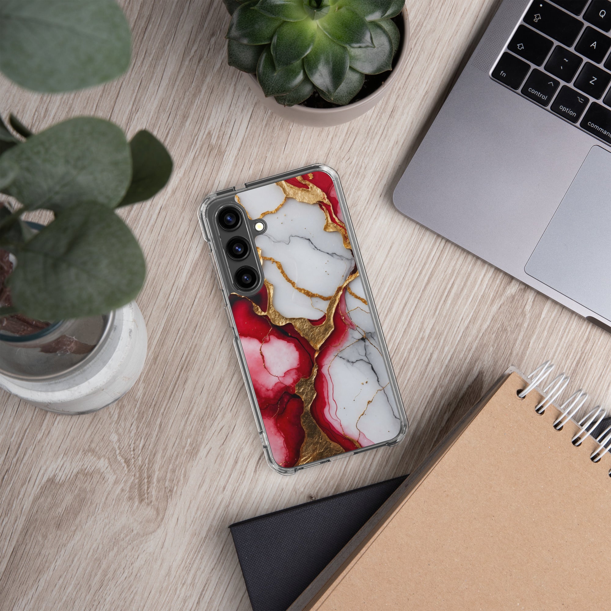 Red Marble Gold Veins Clear Case for Samsung Galaxy S24 – Luxury Abstract Protective Cover