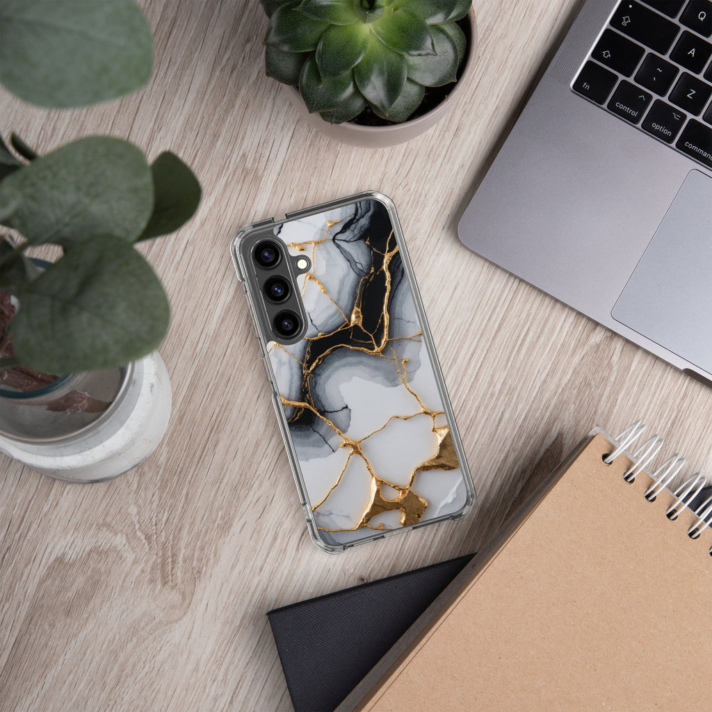 Black & White Marble Gold Clear Case for Samsung Galaxy S24 – Elegant Marble Protective Cover
