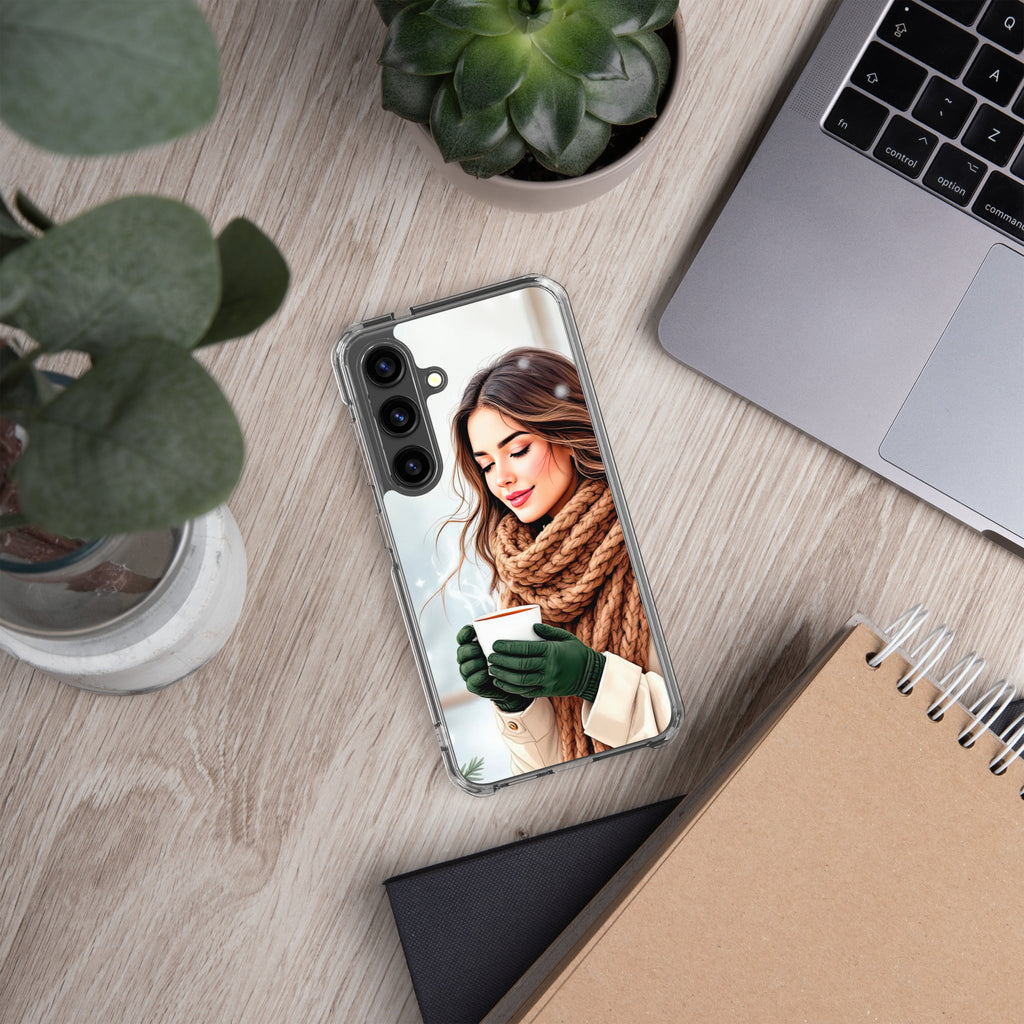 Winter Coffee Moment Clear Case for Samsung Galaxy S24 – Cozy Portrait Protective Cover