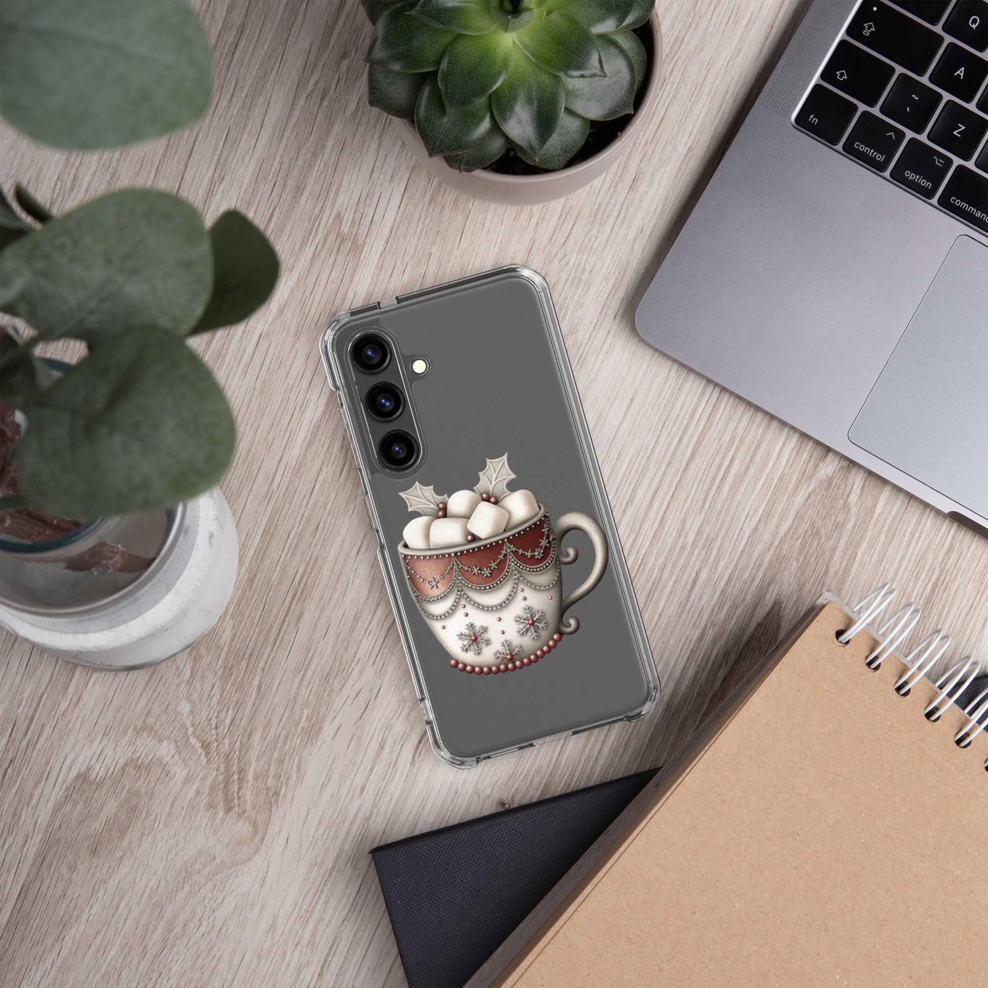 Festive Winter Mug Clear Case for Samsung Galaxy S24 – Cozy Holiday Hot Cocoa Protective Cover