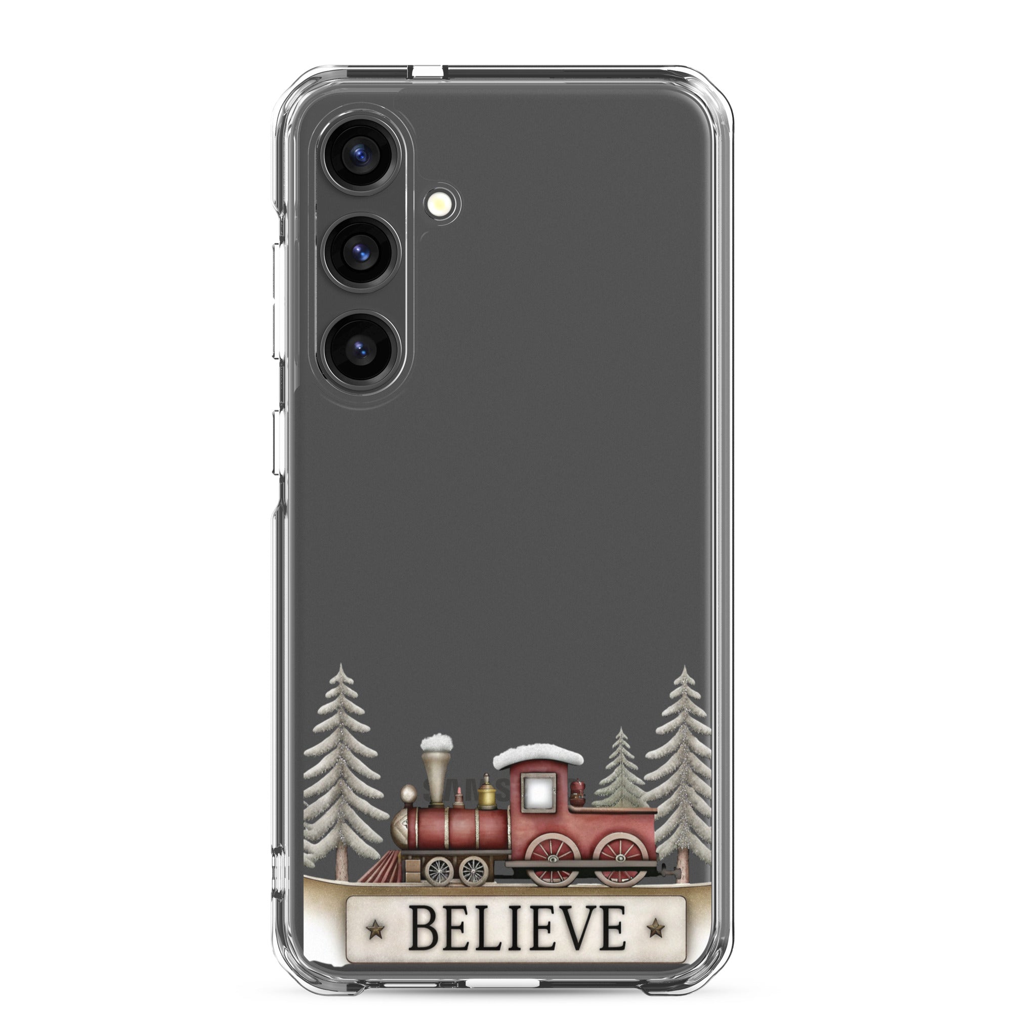 Believe Christmas Train Clear Case for Samsung Galaxy S24 Plus – Festive Holiday Protective Cover