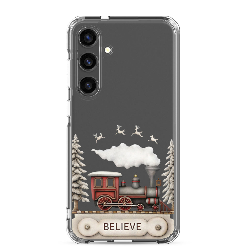 Believe Winter Train Clear Case for Samsung Galaxy S24 Plus – Minimal Christmas Protective Cover
