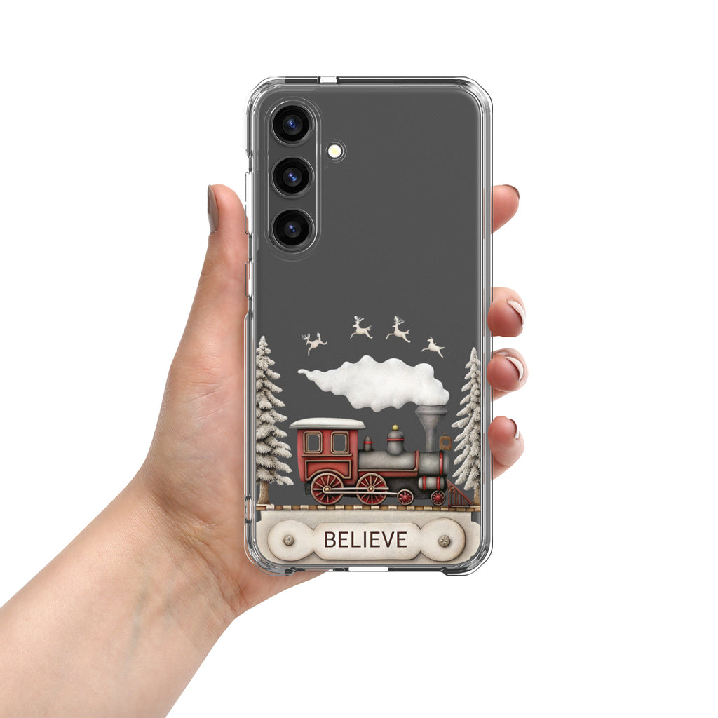 Believe Winter Train Clear Case for Samsung Galaxy S24 Plus – Minimal Christmas Protective Cover