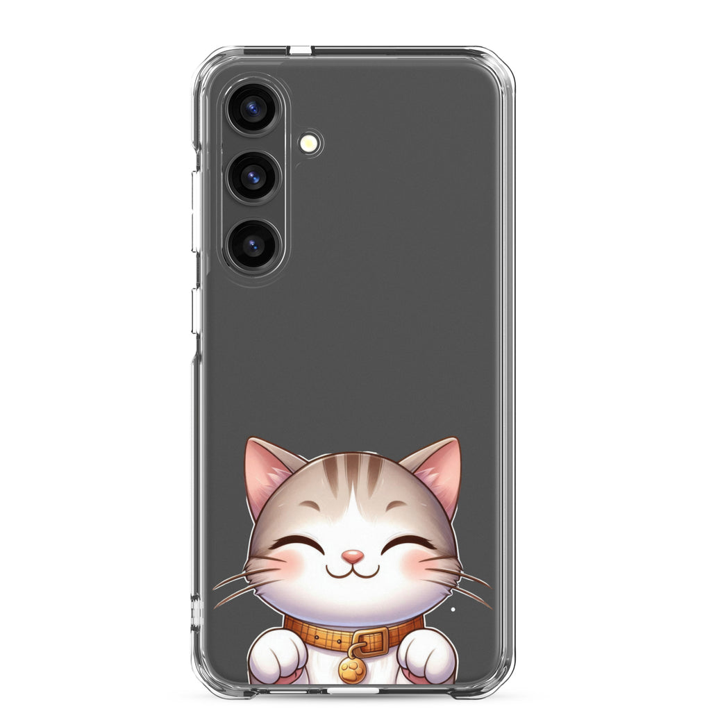 Cute Smiling Cat Clear Case for Samsung Galaxy S24 Plus – Minimal Kawaii Protective Cover
