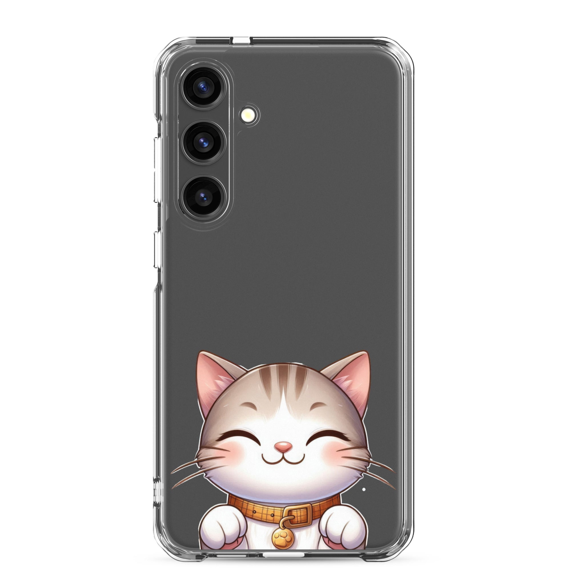 Cute Smiling Cat Clear Case for Samsung Galaxy S24 Plus – Minimal Kawaii Protective Cover