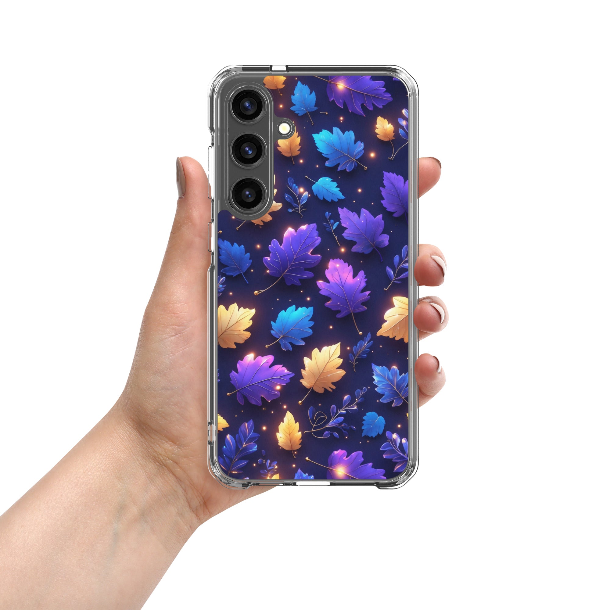 Glowing Autumn Leaves Clear Case for Samsung Galaxy S24 Plus – Colorful Night Nature Protective Cover