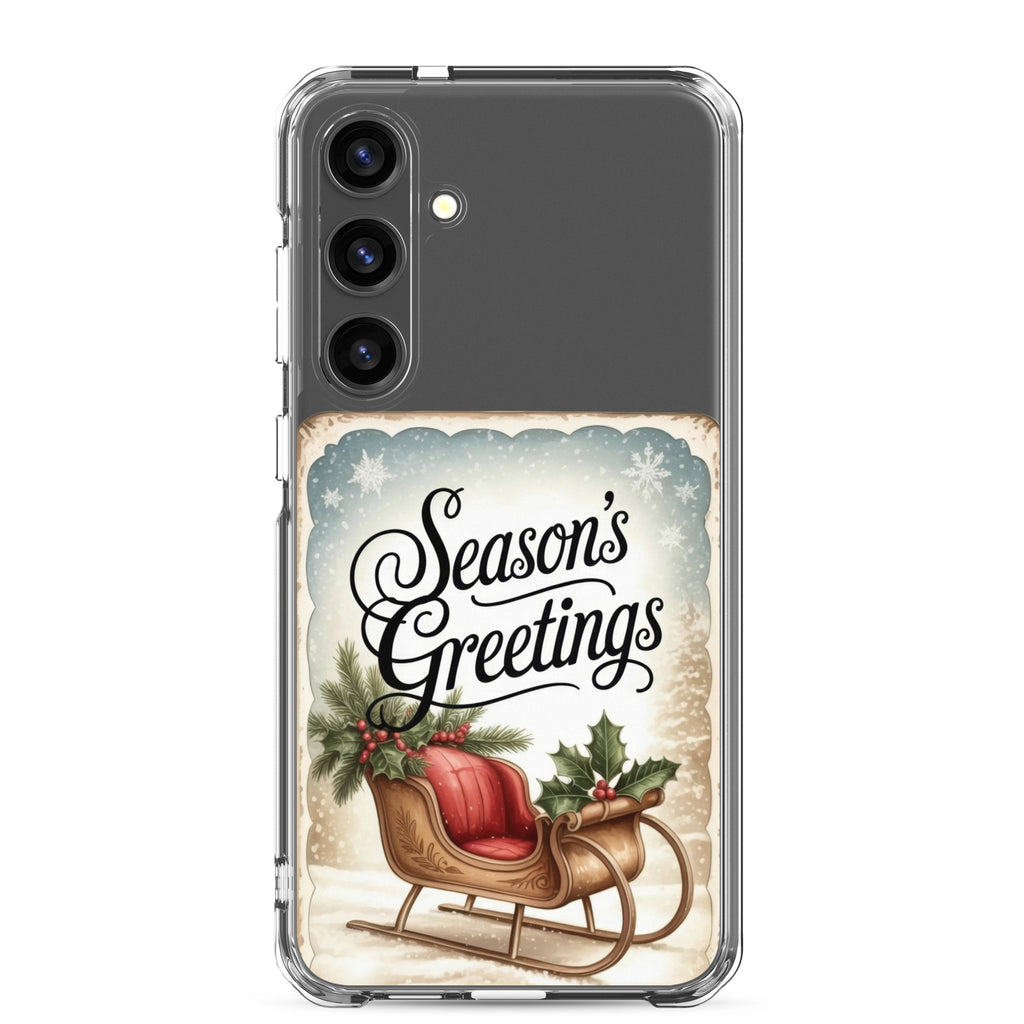Season’s Greetings Sleigh Clear Case for Samsung Galaxy S24 Plus – Vintage Christmas Protective Cover