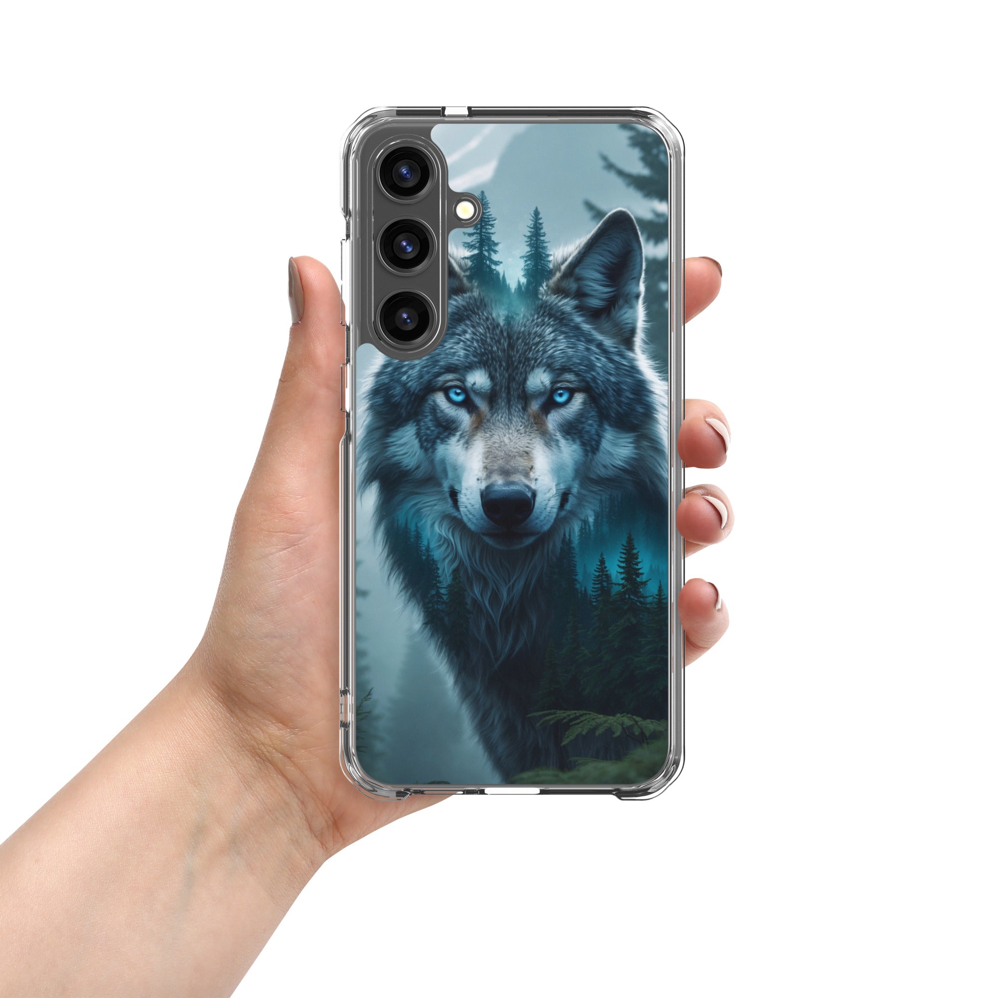 Mystic Forest Wolf Clear Case for Samsung Galaxy S24 Plus – Dark Nature Art Protective Cover