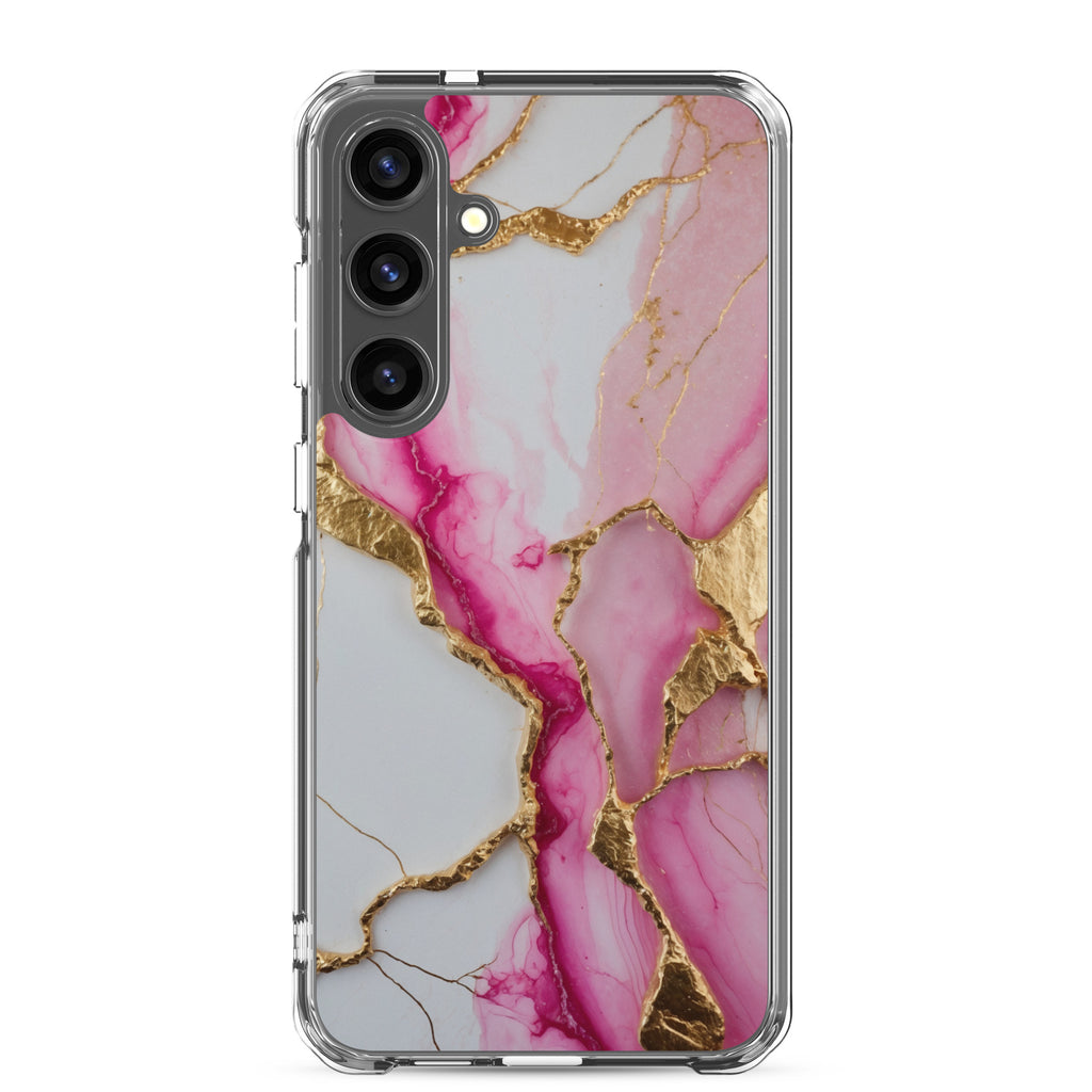 Pink Marble Gold Veins Clear Case for Samsung Galaxy S24 Plus – Elegant Stone Protective Cover