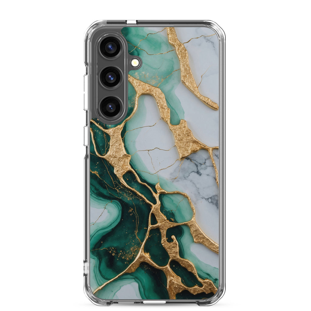 Emerald Green Marble Gold Veins Clear Case for Samsung Galaxy S24 Plus – Luxury Stone Protective Cover
