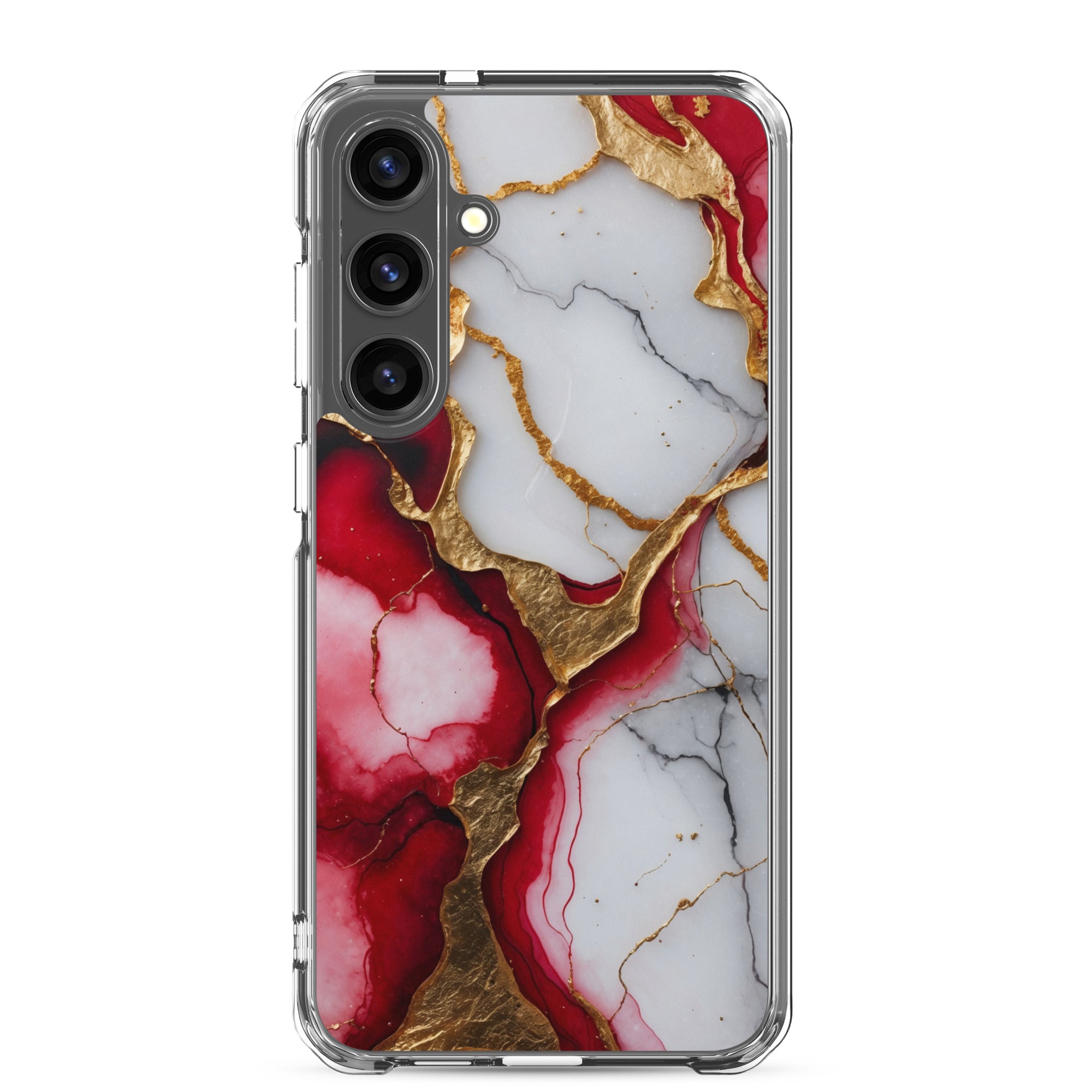 Red Marble Gold Veins Clear Case for Samsung Galaxy S24 Plus – Luxury Abstract Protective Cover