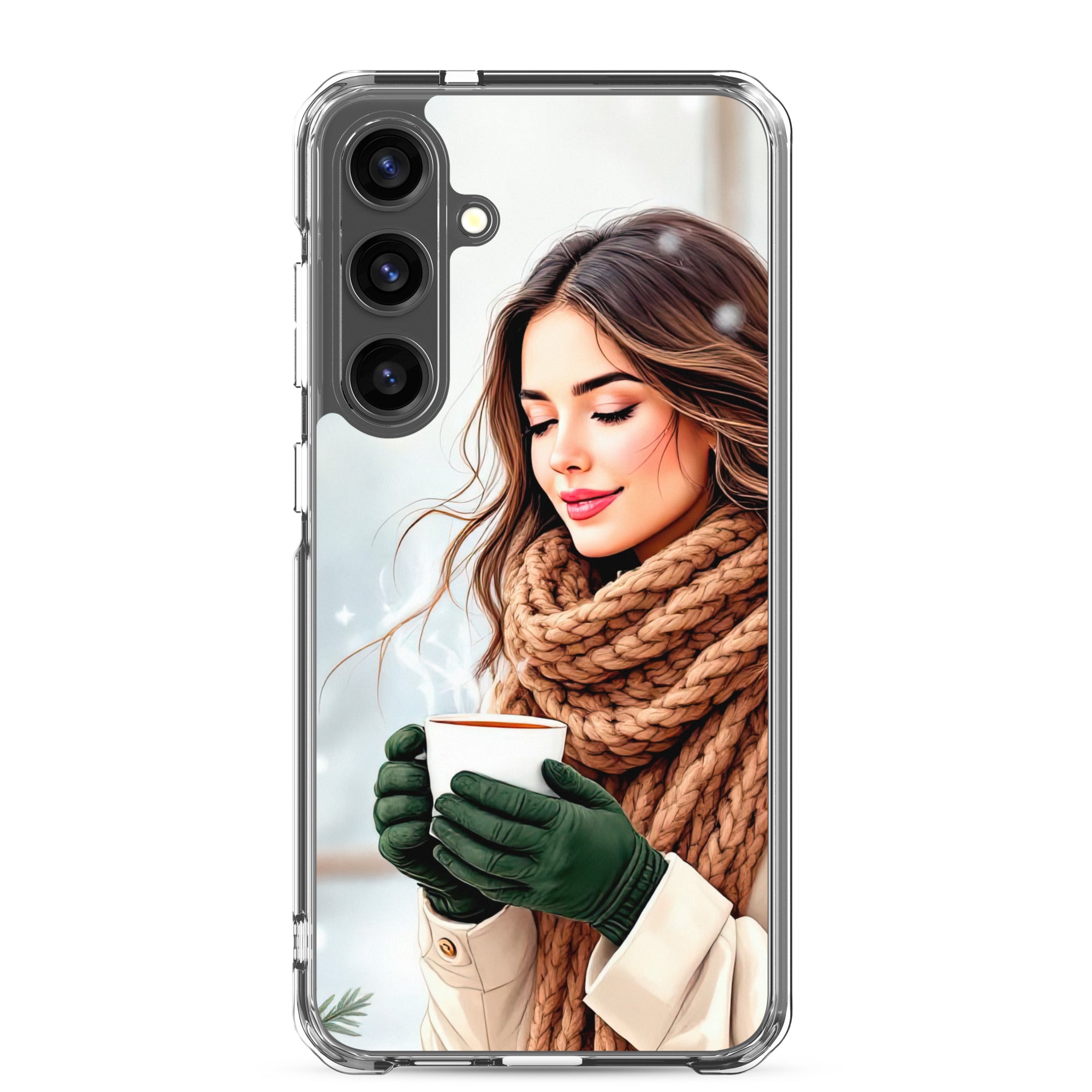 Winter Coffee Moment Clear Case for Samsung Galaxy S24 Plus – Cozy Portrait Protective Cover