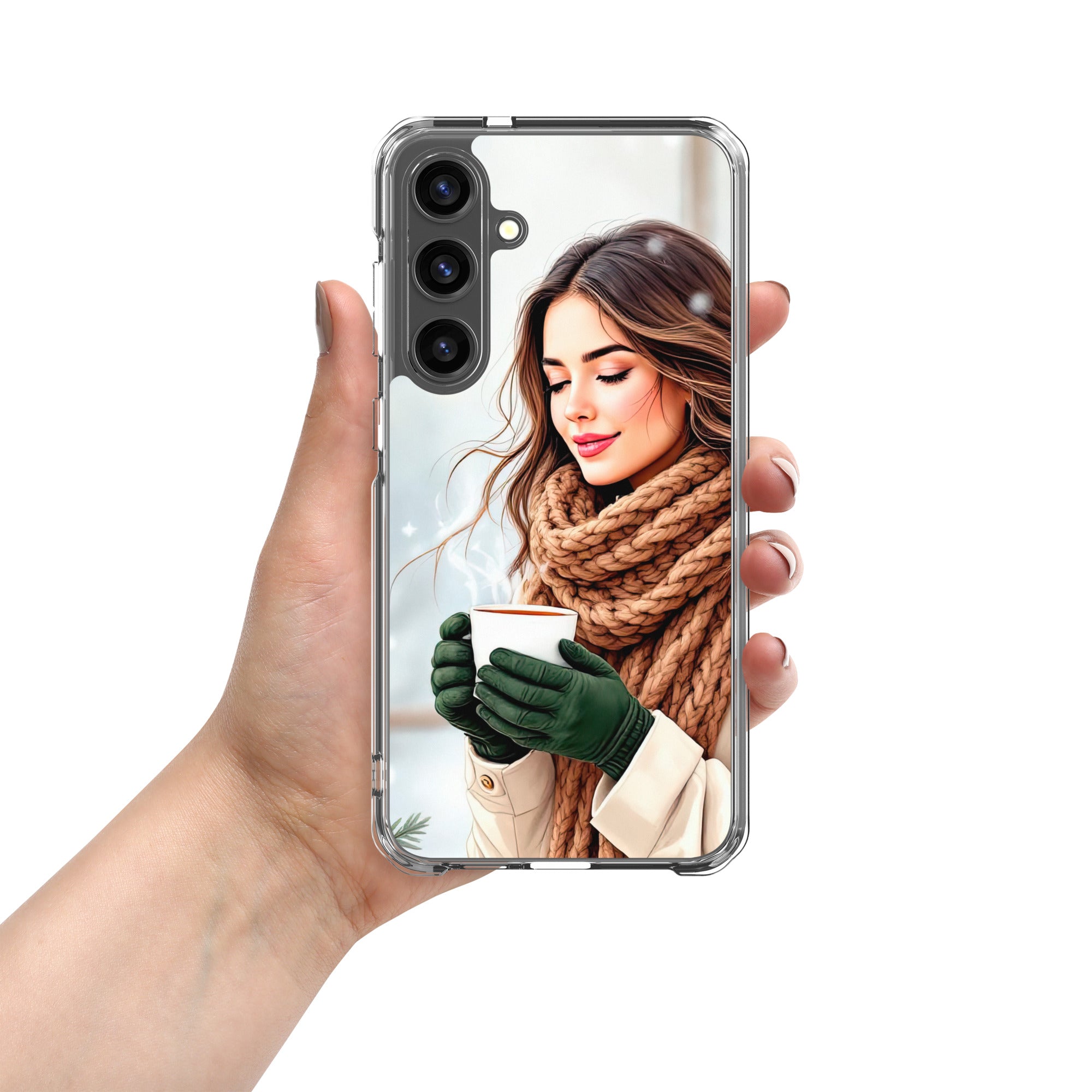 Winter Coffee Moment Clear Case for Samsung Galaxy S24 Plus – Cozy Portrait Protective Cover