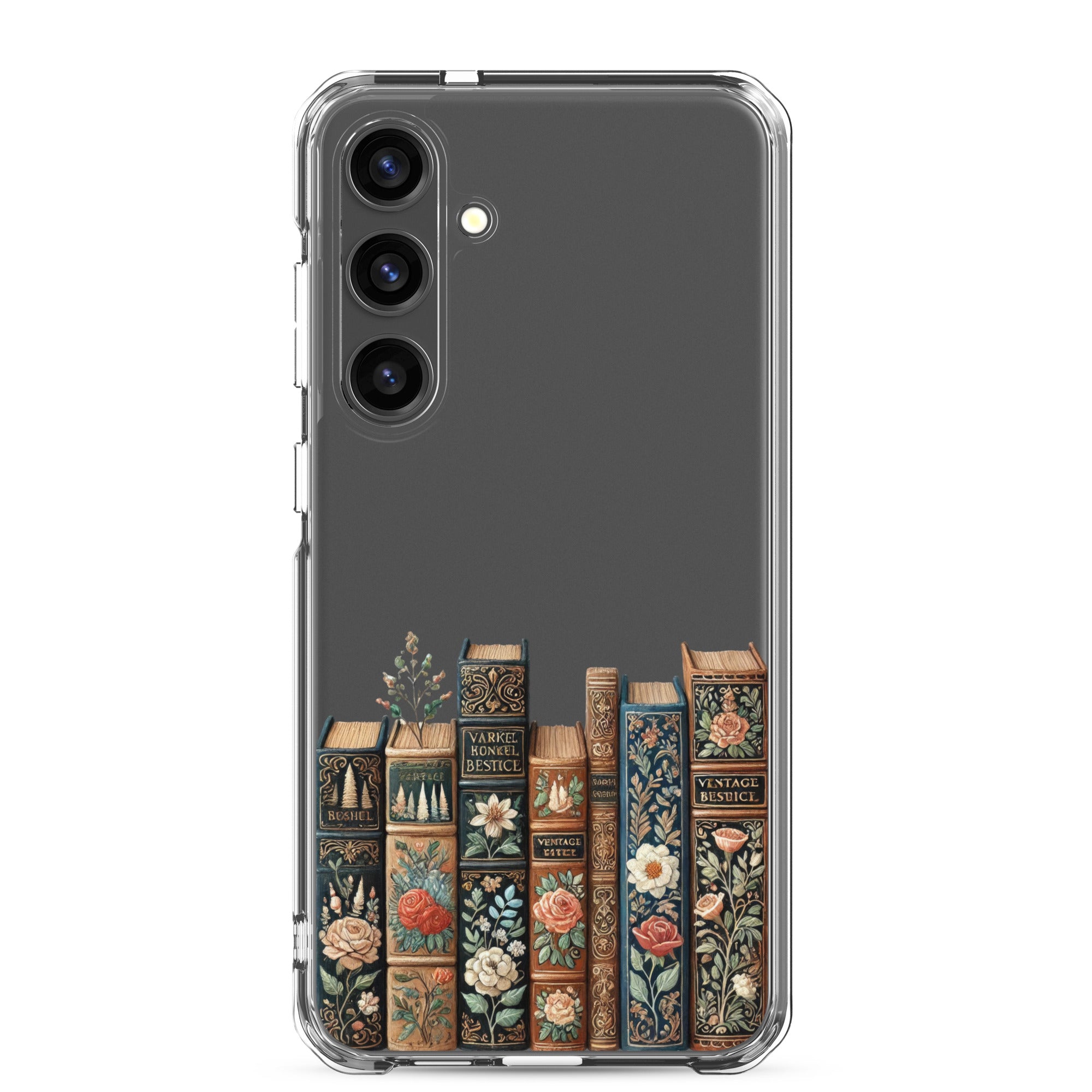 Vintage Floral Books Clear Case for Samsung Galaxy S24 Plus – Elegant Library-Inspired Protective Cover