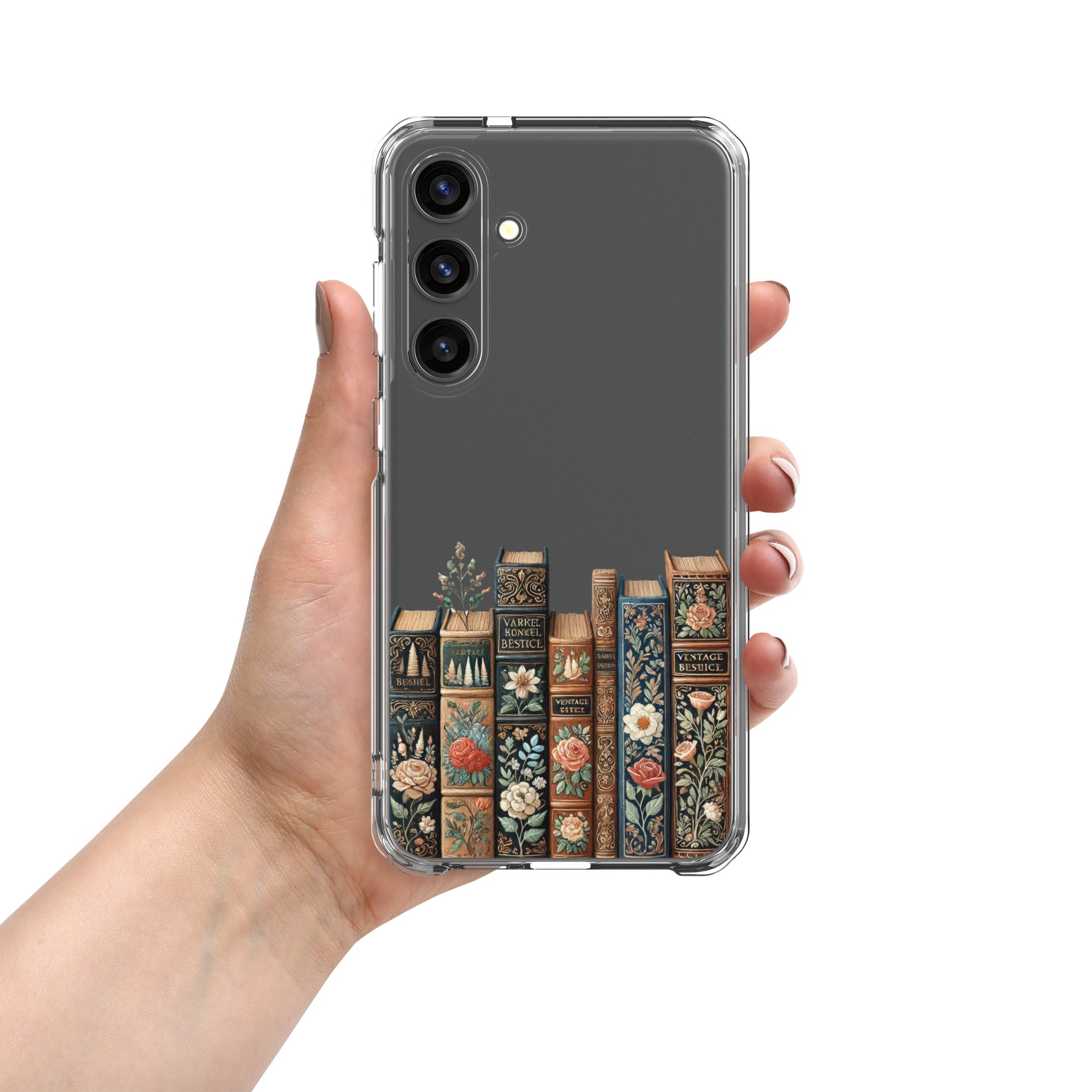 Vintage Floral Books Clear Case for Samsung Galaxy S24 Plus – Elegant Library-Inspired Protective Cover
