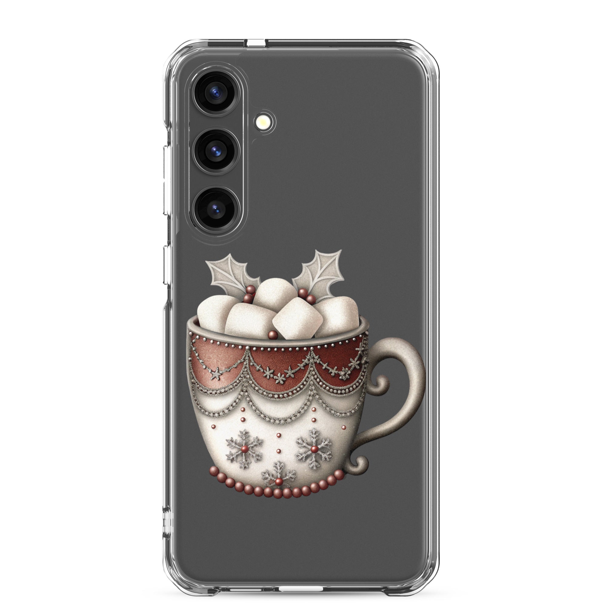 Festive Winter Mug Clear Case for Samsung Galaxy S24 Plus – Cozy Holiday Hot Cocoa Protective Cover