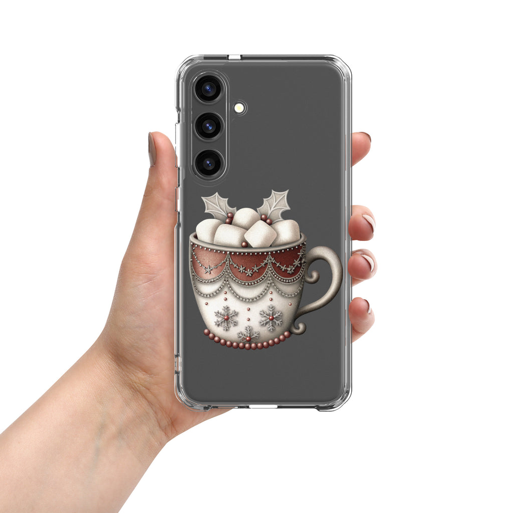 Festive Winter Mug Clear Case for Samsung Galaxy S24 Plus – Cozy Holiday Hot Cocoa Protective Cover