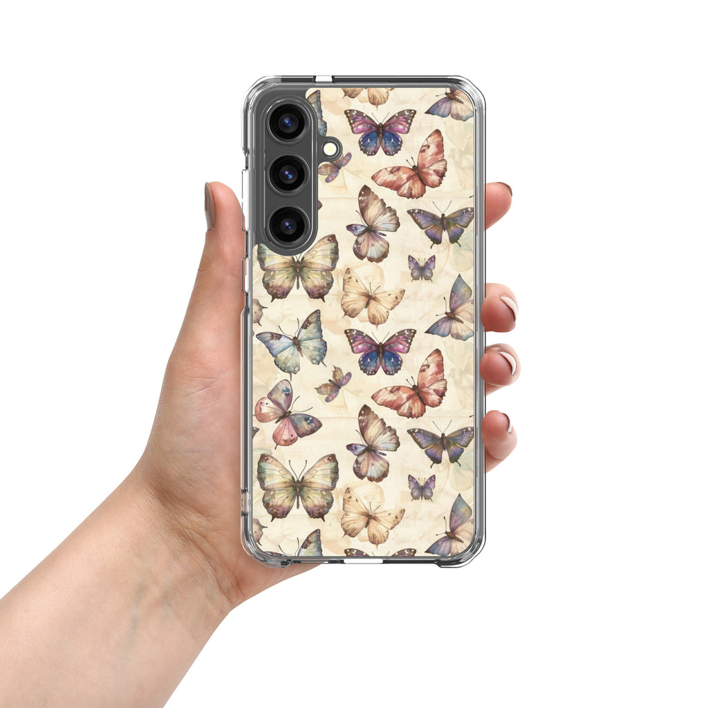 Vintage Butterfly Pattern Clear Case for Samsung Galaxy S24 Plus – Soft Pastel Nature Protective Cover