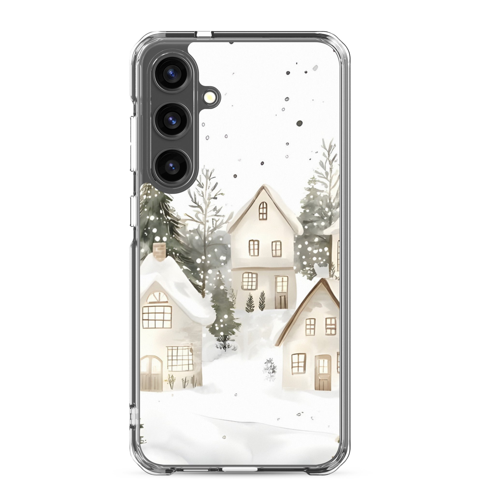 Snowy Winter Village Clear Case for Samsung Galaxy S24 Plus – Cozy Holiday Protective Cover